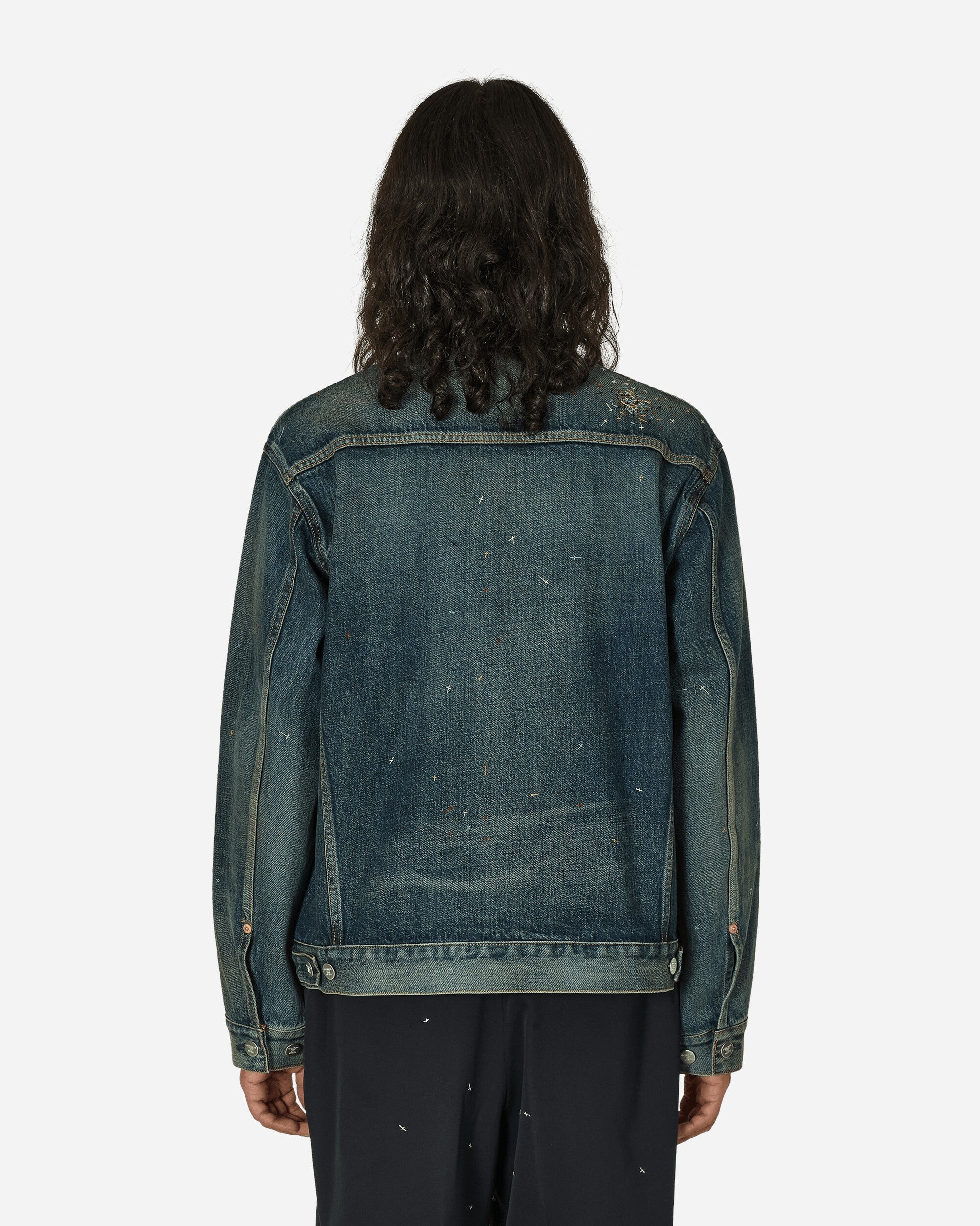 Cross Embroidery Distressed Denim Jacket Light Blue Indigo - 3