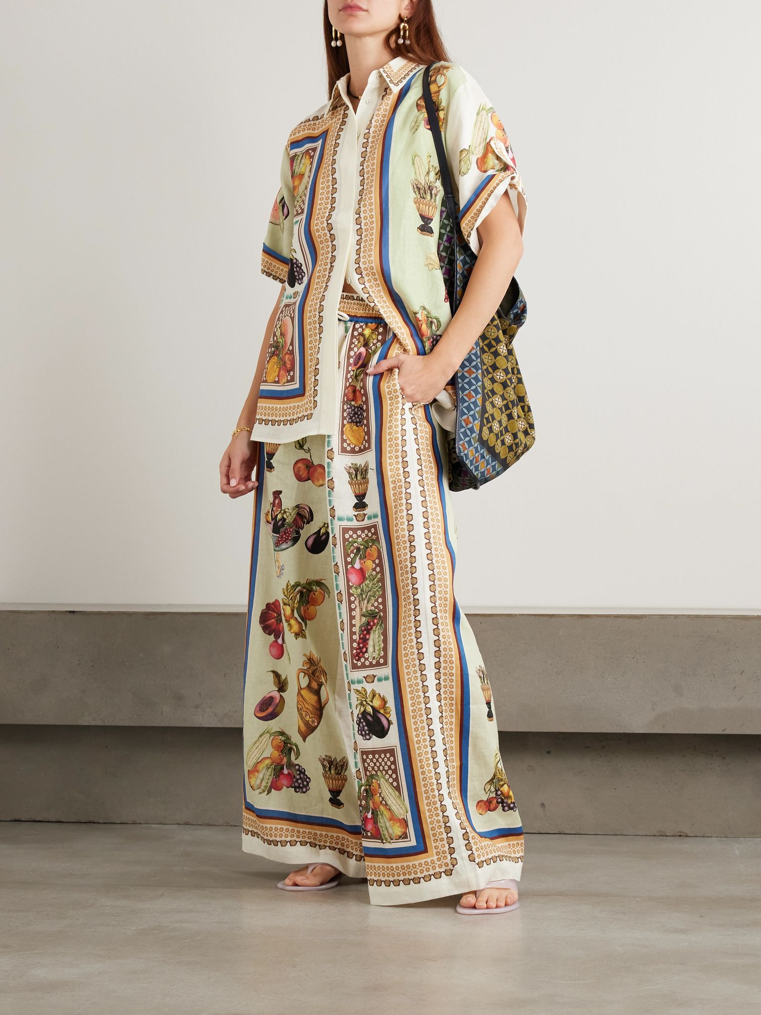 Mercado printed linen wide-leg pants Cream - 2