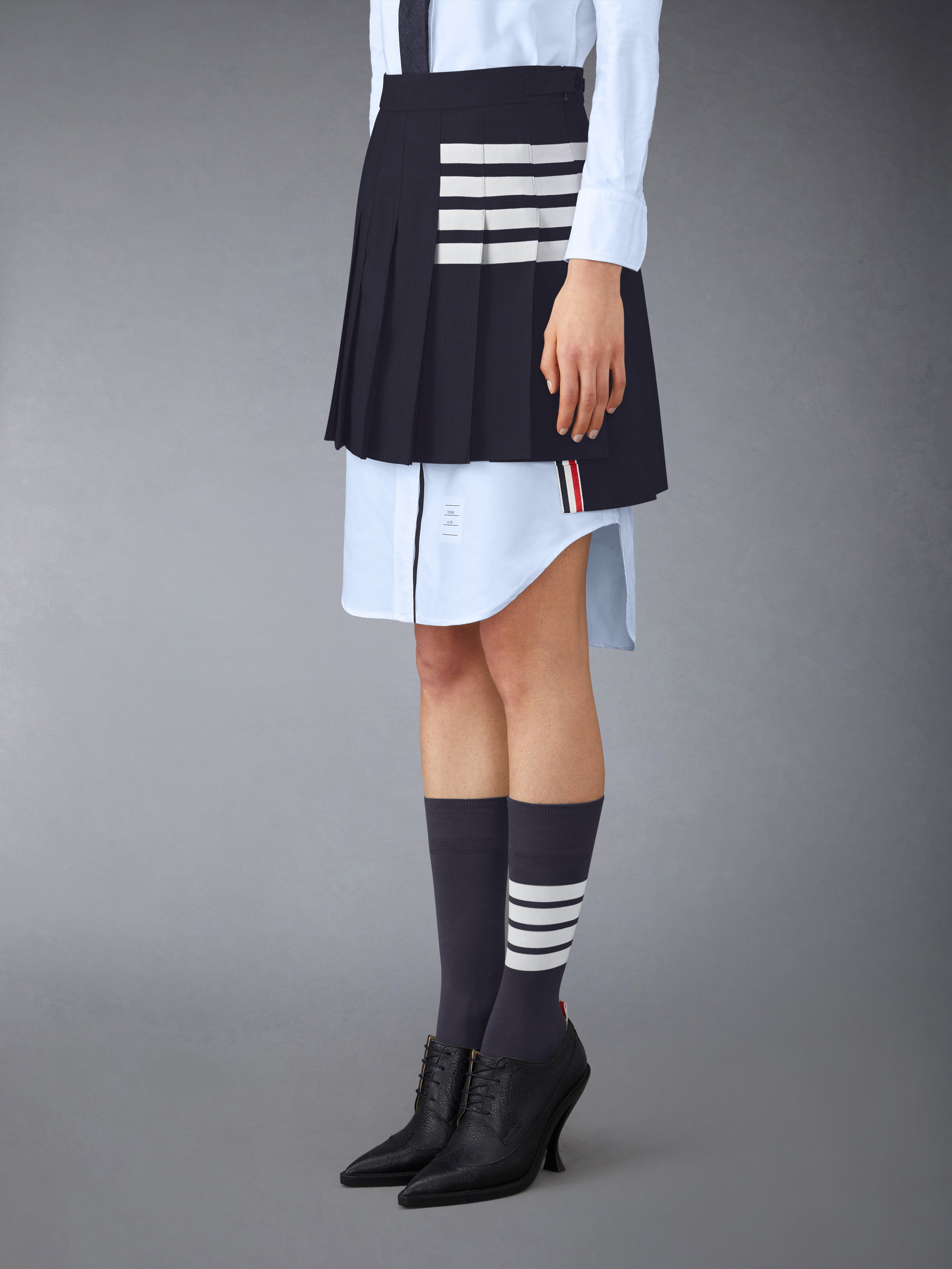 Navy Plain Weave Mini Pleated 4-Bar Skirt - 2