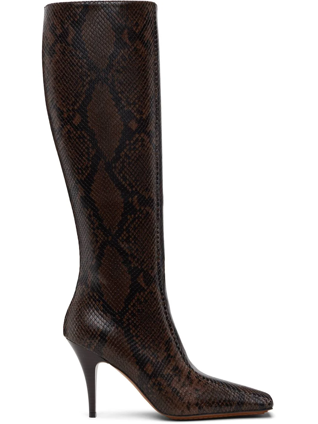 Brown Square-Toe Snake Knee-High Stiletto Boots - 1