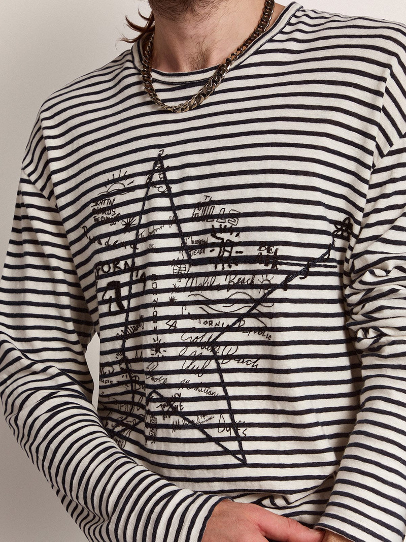 Golden Goose Men's T-shirt with white and blue stripes and embroidery on the front outlook