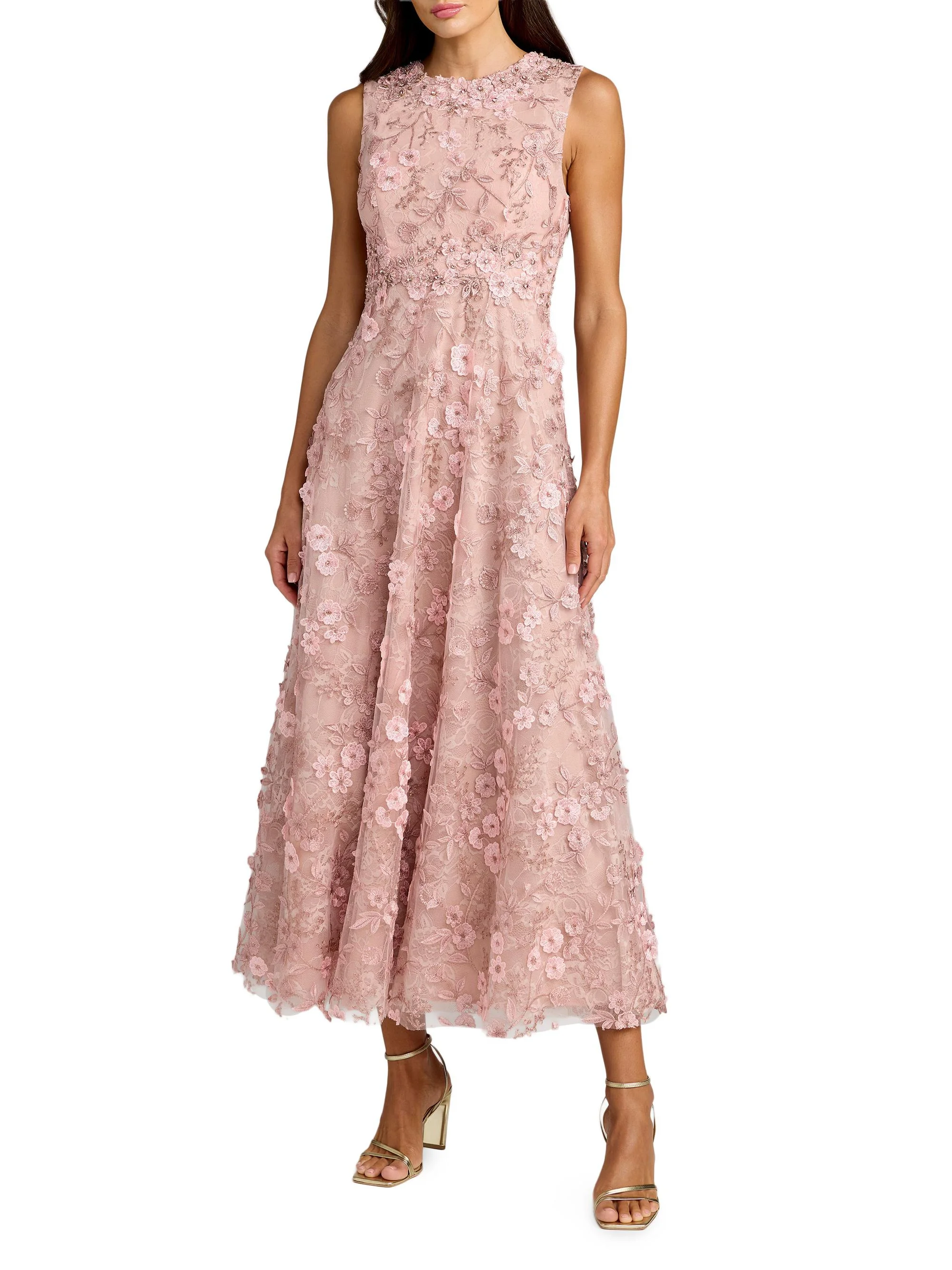 Women's Floral Embroidered Round-Neck Midi-Dress - Rose - 1