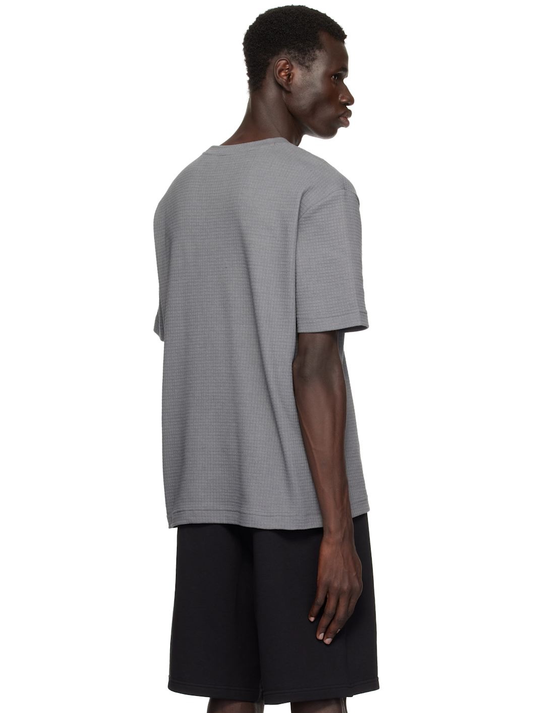 Gray Waffle-Structured Logo Embroidered T-shirt - 3