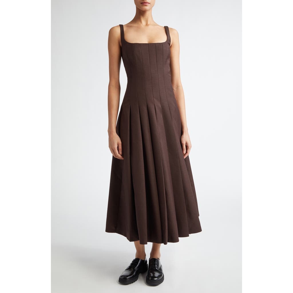 Emilia Wickstead Odulia Pleated Square Neck Wool Dress in Hickory Brown at Nordstrom - 1