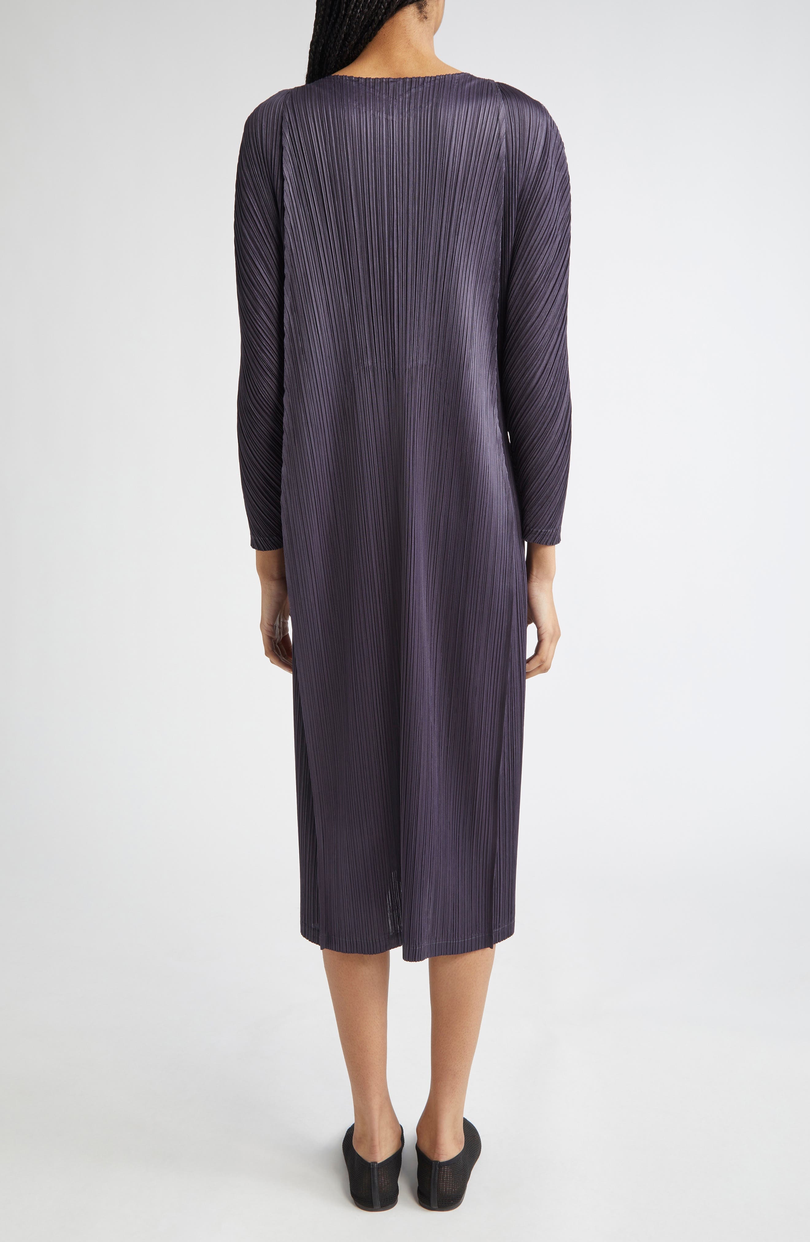Pleats Please Issey Miyake Lantern Pleated Long Sleeve Midi Dress in Blue Black at Nordstrom - 3