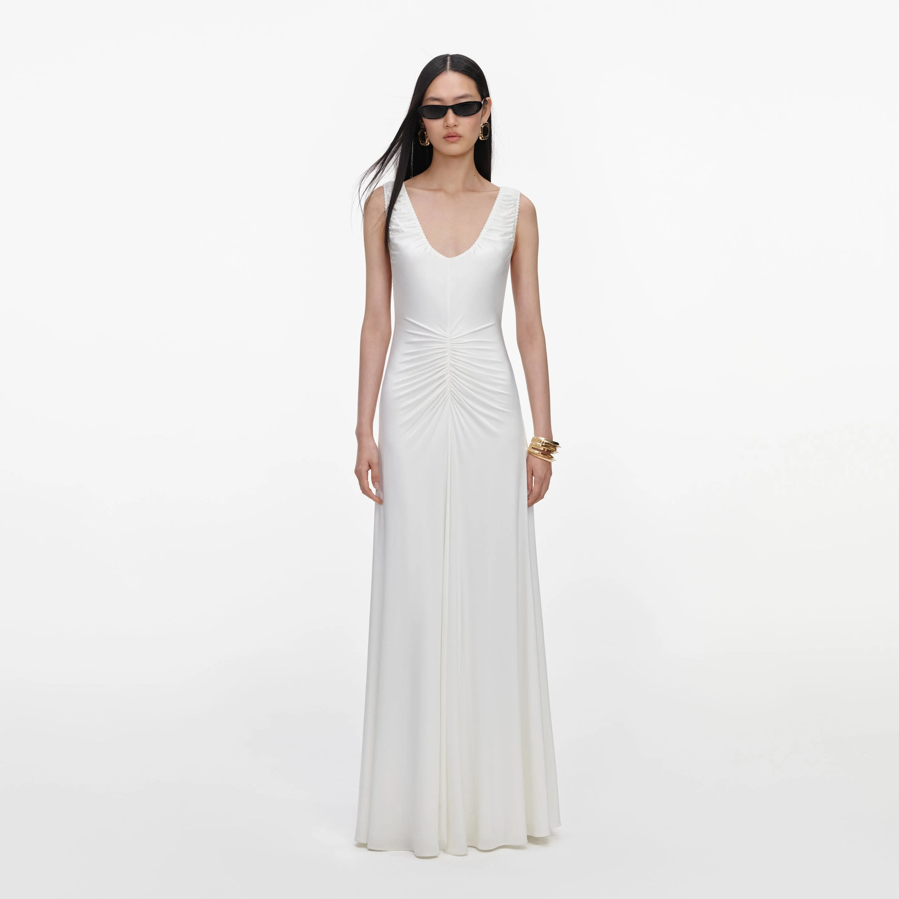 White Jersey Ruched Maxi Dress - 1