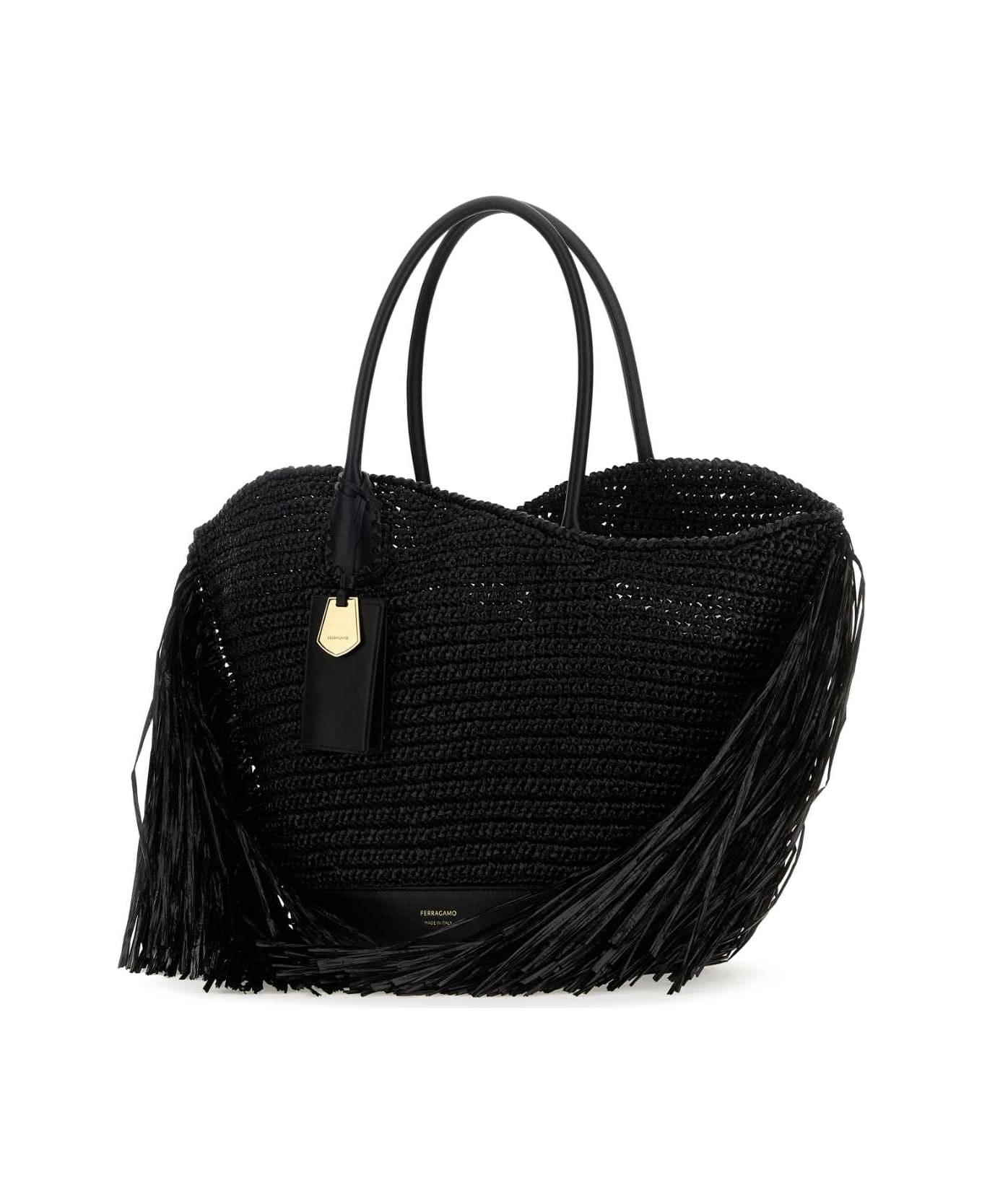 Black Raffia And Leather Big Shopping Bag - 2