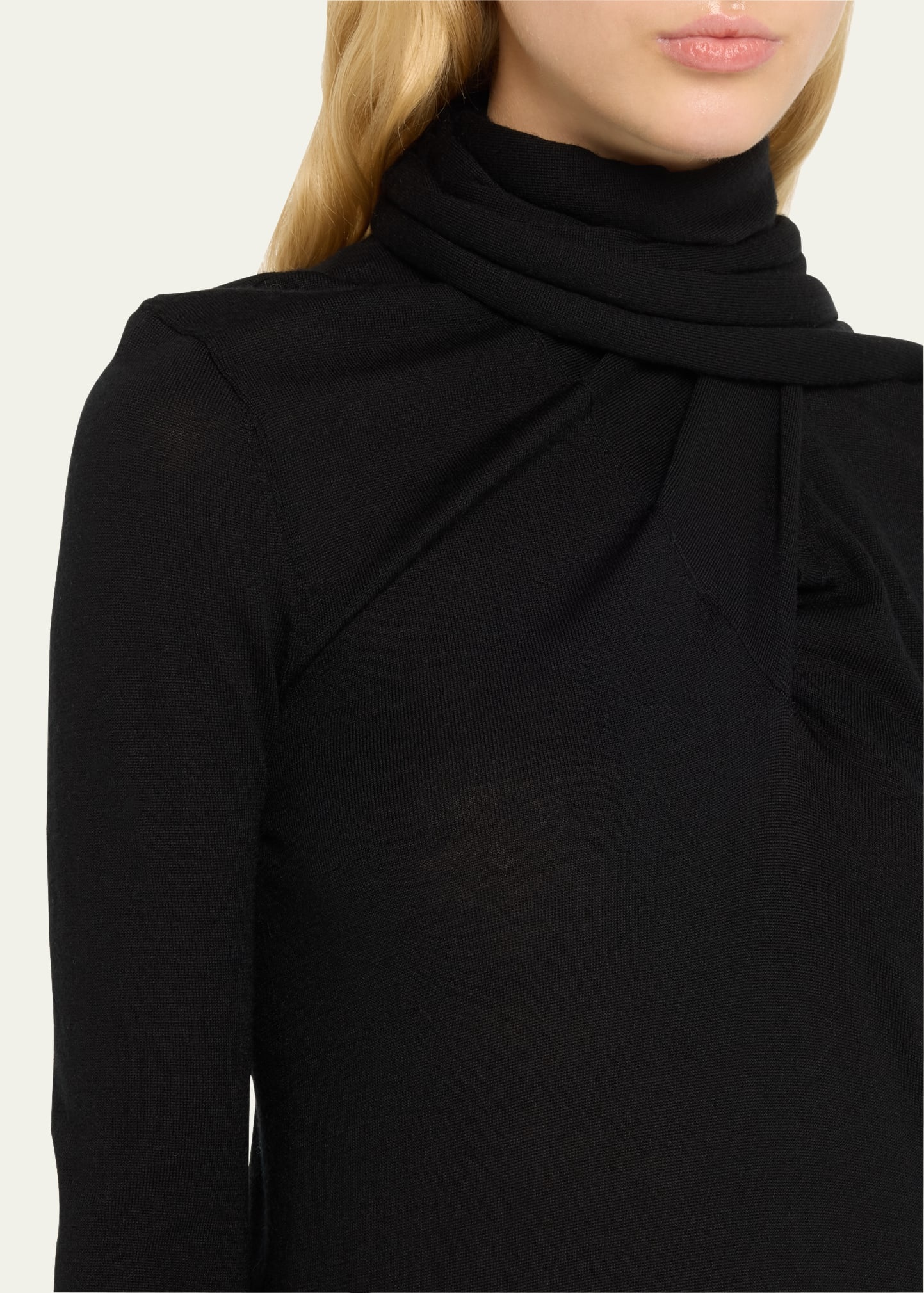 Fine Wool Draped Scarf Sweater Top - 5