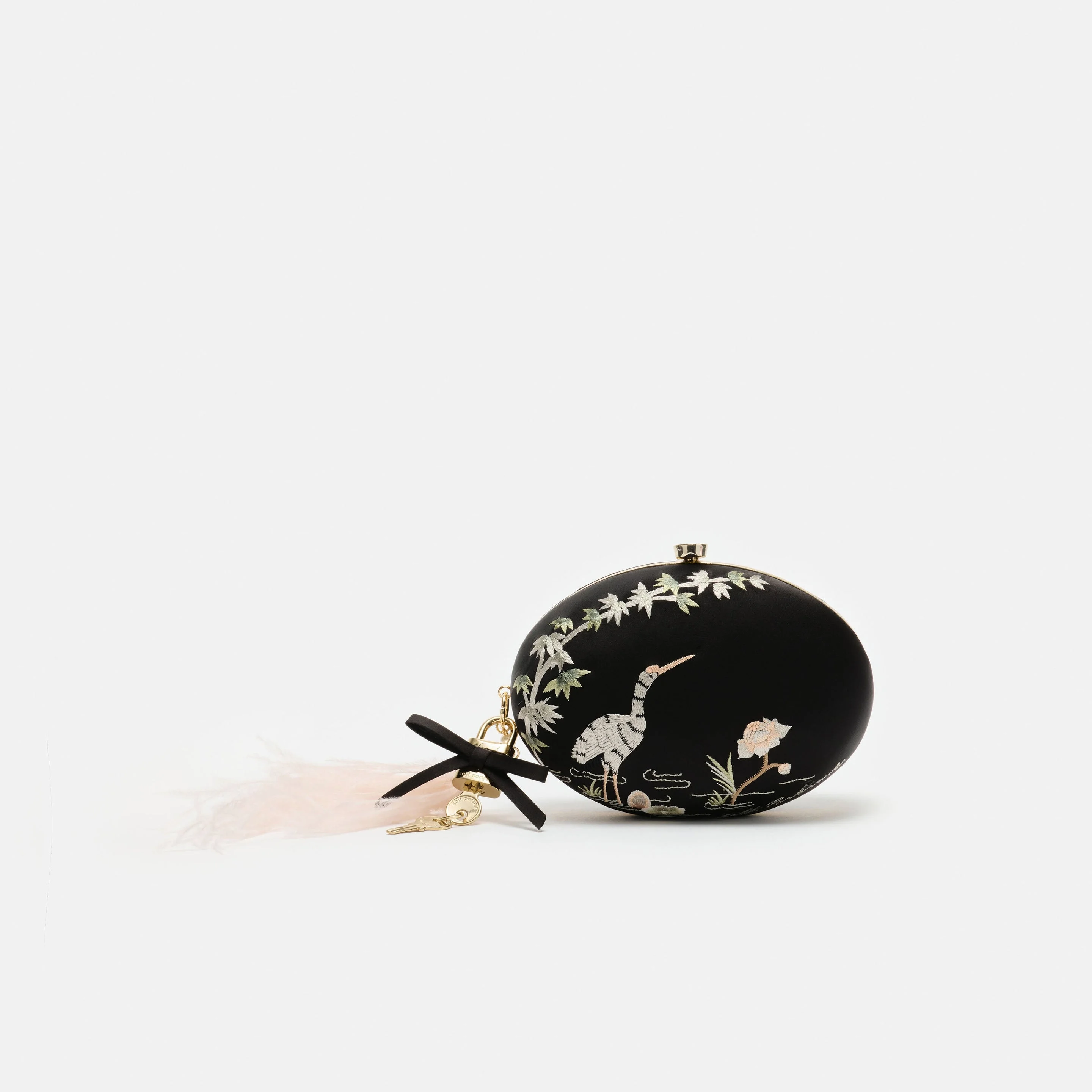 Black Satin Embroidered Oval Clutch Bag - 1