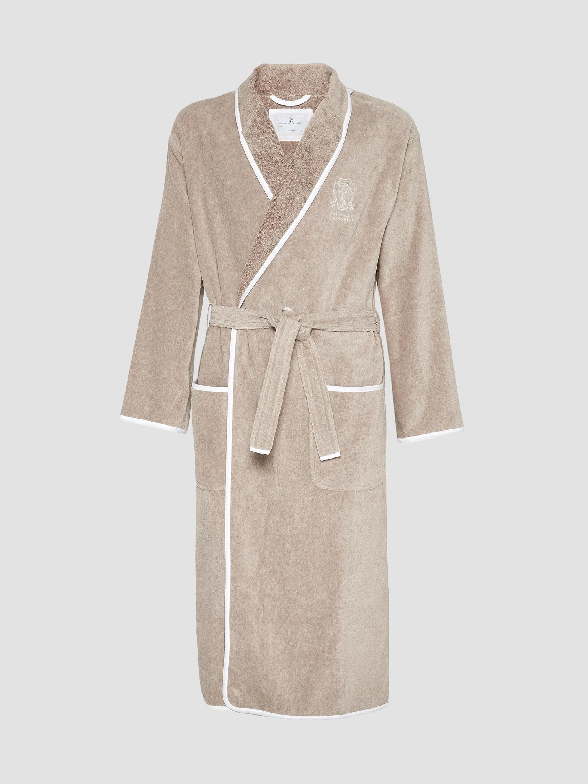 Women's Cotton Terrycloth Bathrobe with Linen Trims - Beige - 1
