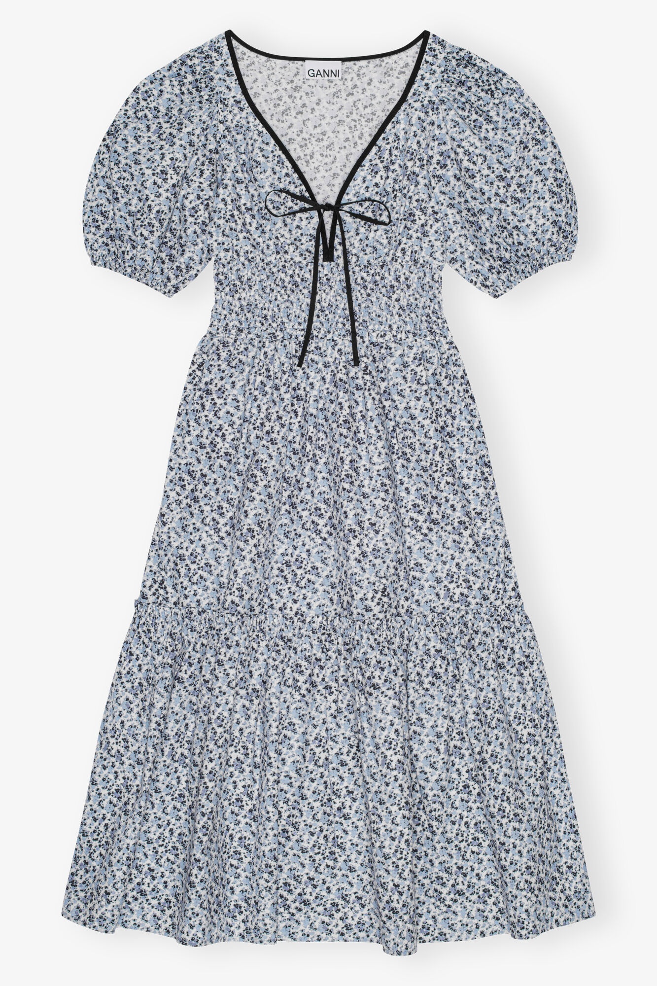 BLUE FLORAL PRINTED COTTON LONG SMOCK DRESS - 1