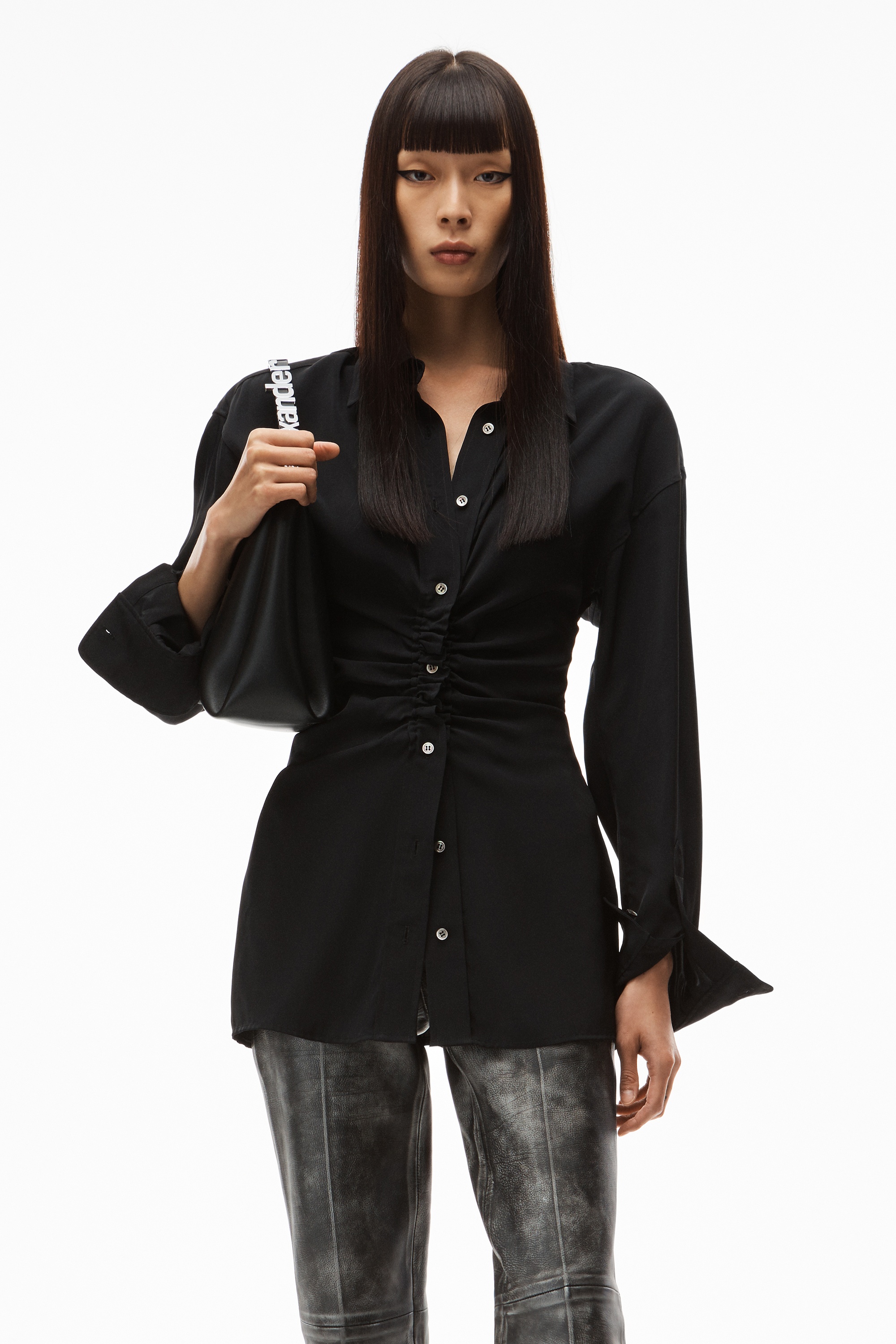 LONG-SLEEVE RUCHED FRONT SHIRT IN TWILL - 2