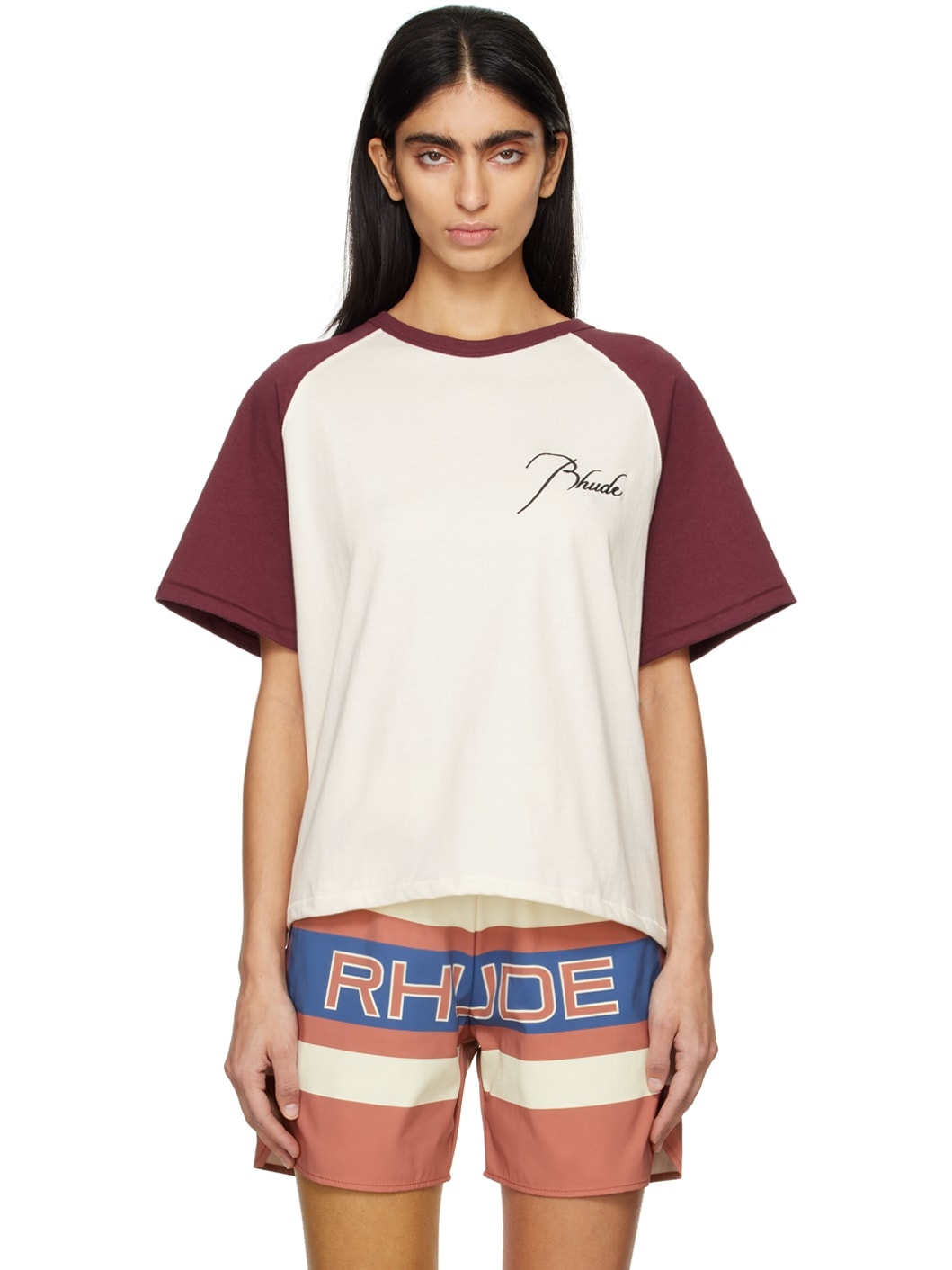 Off-White & Burgundy Raglan T-Shirt - 1