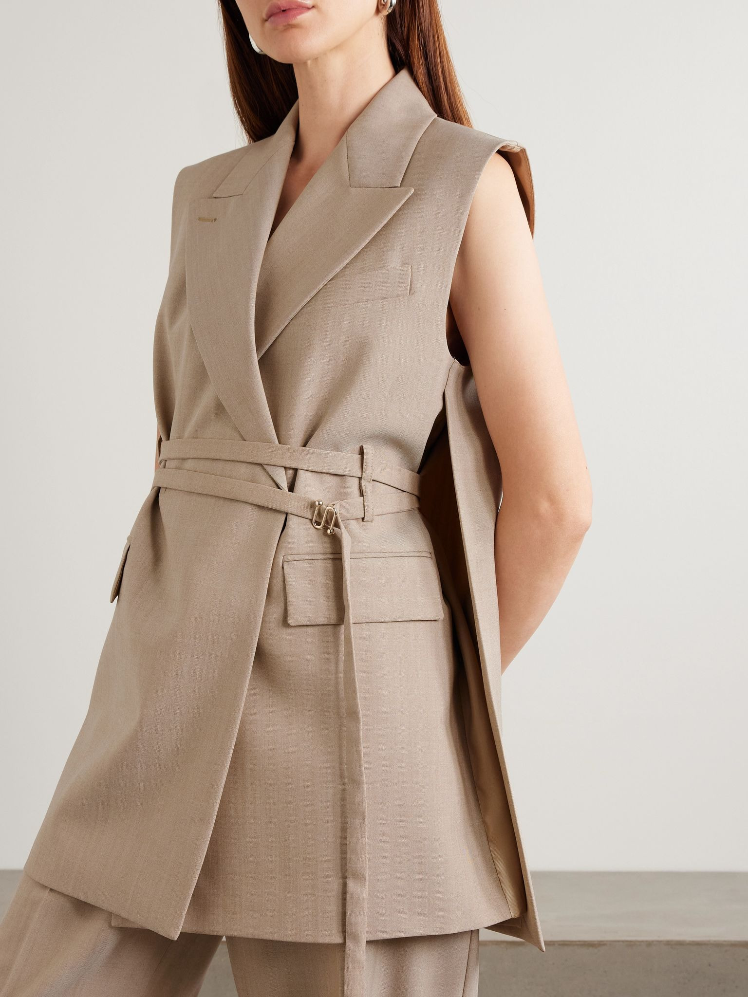 Oversized belted grain de poudre wool vest Beige - 3
