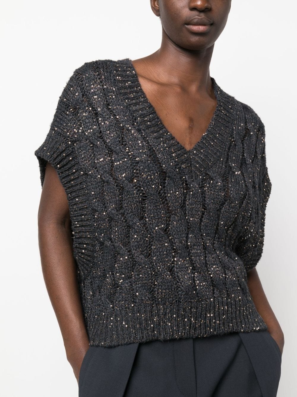 sequin-embellished cable-knit vest - 5