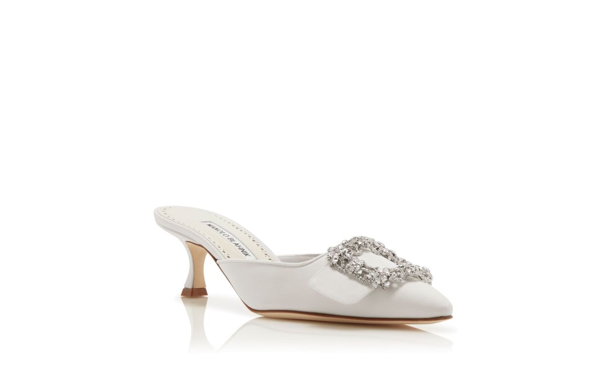 White Satin Crystal Buckle Mules - 3