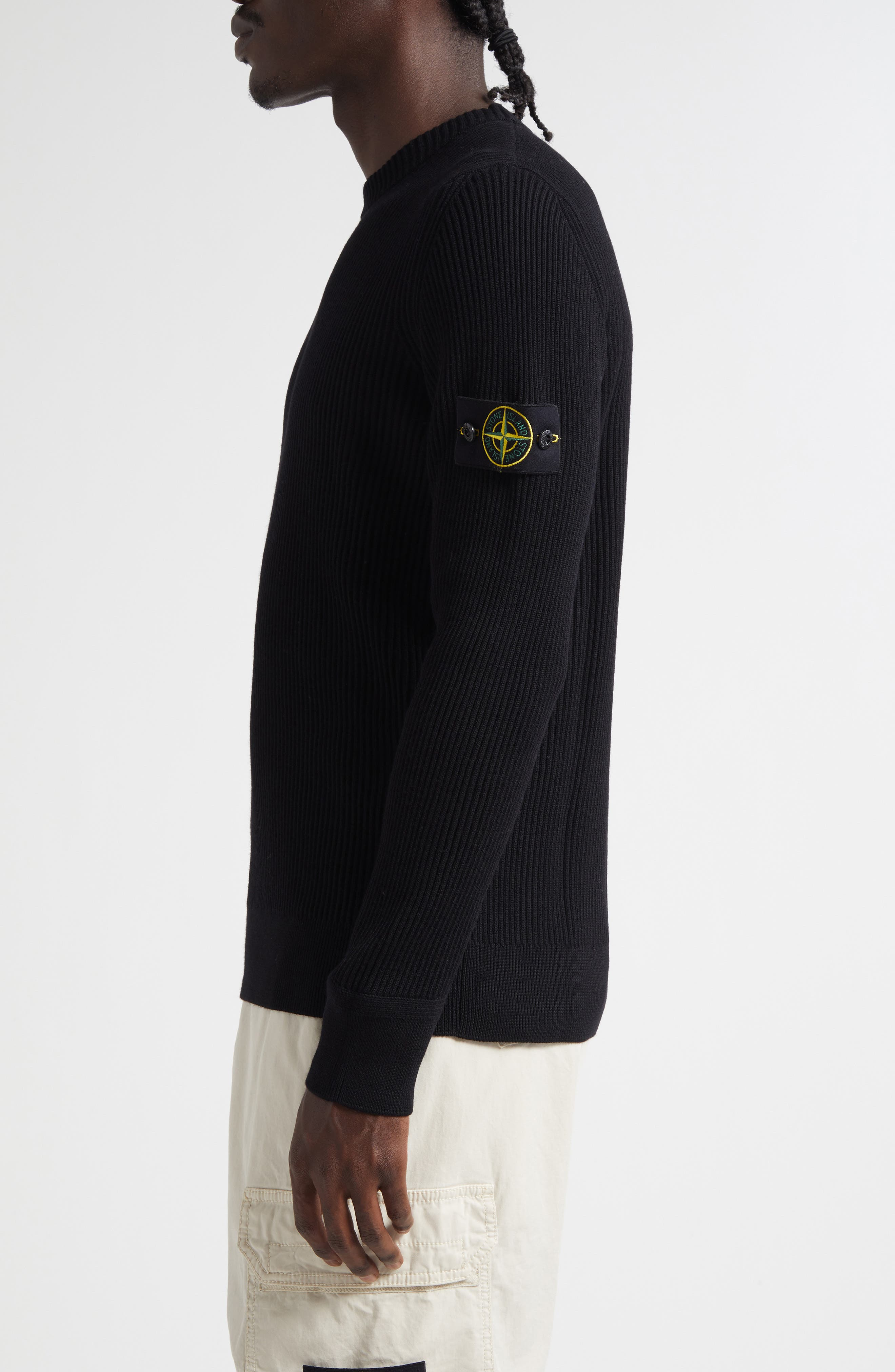 Stone Island Compass Patch Rib Virgin Wool Crewneck Sweater in V0029 Black at Nordstrom - 3