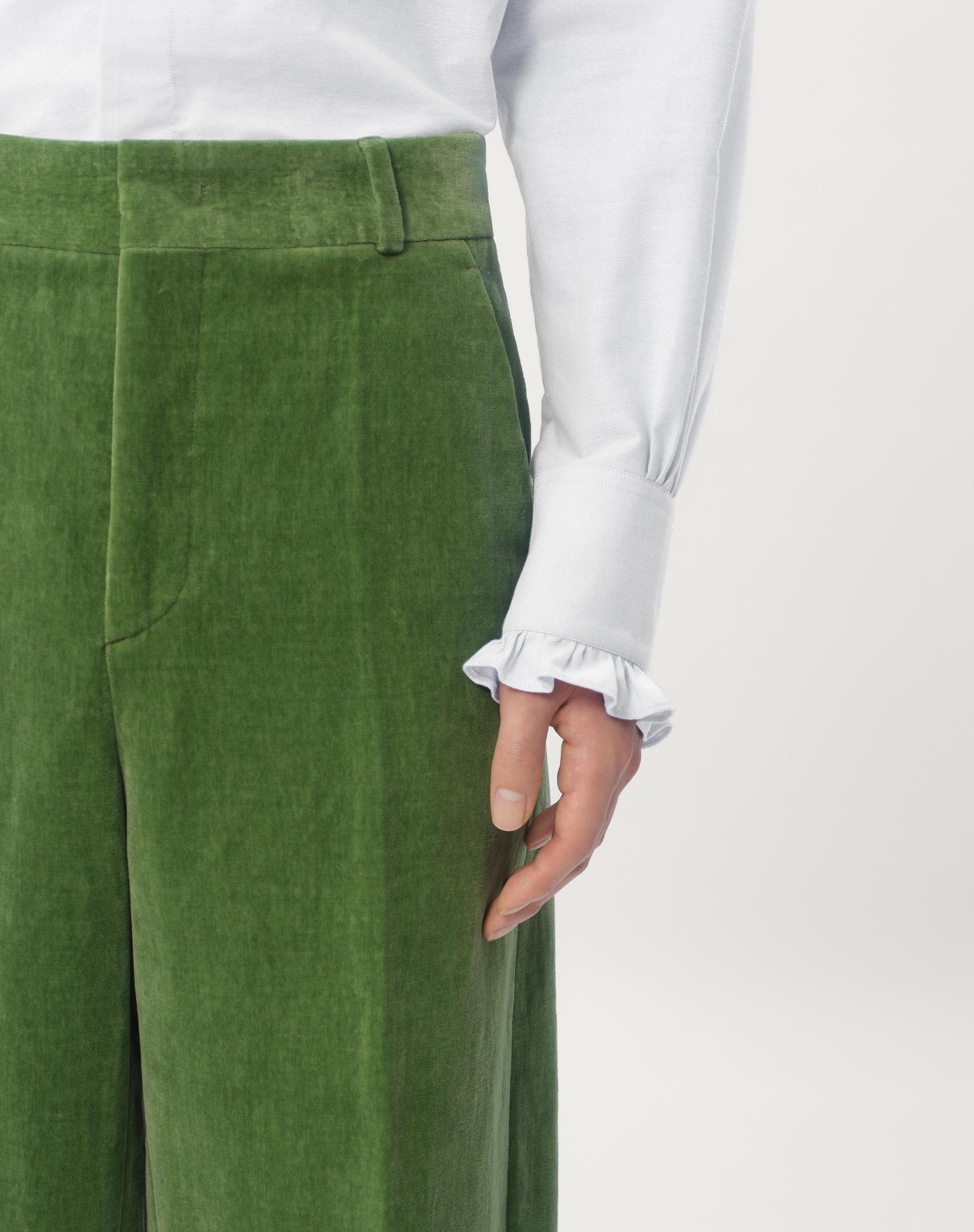 WASHED COTTON-LINEN VELVET PANTS WITH JACQUARD HEMS - 4