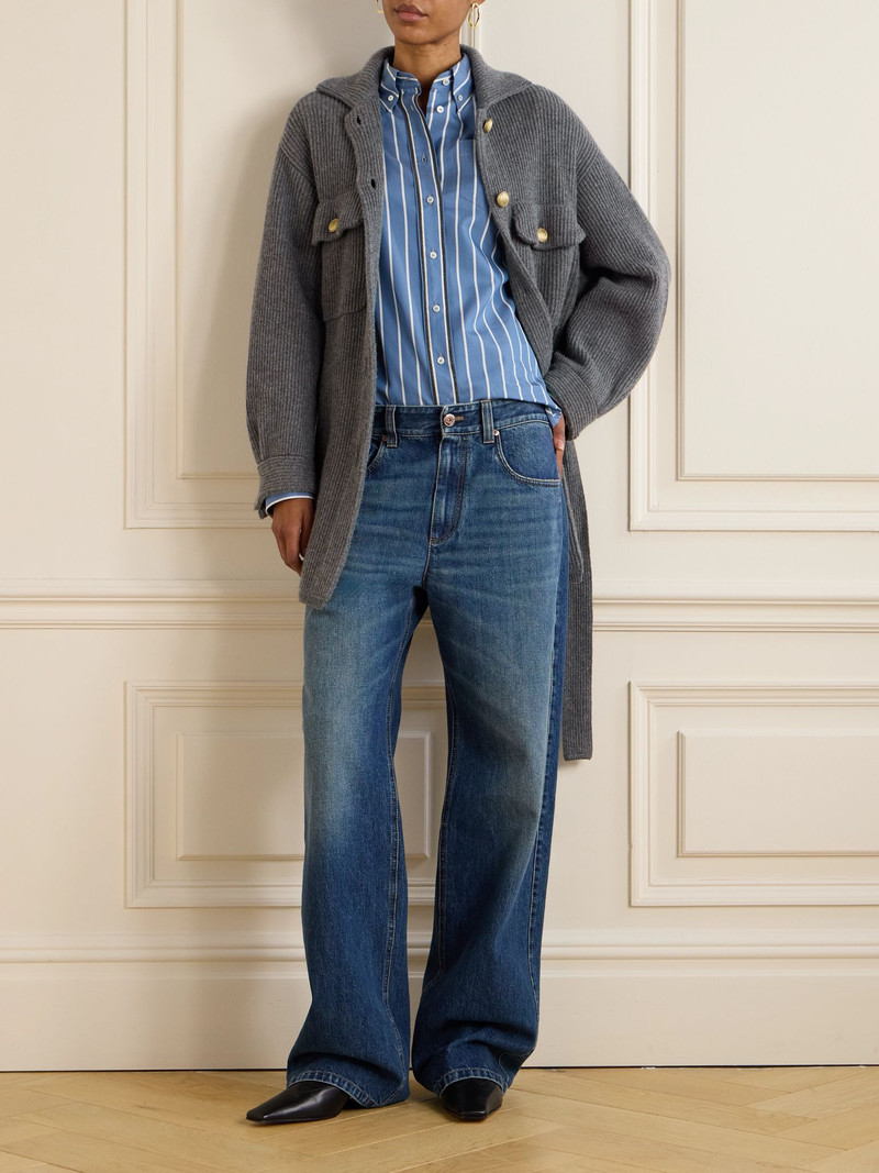 Brunello Cucinelli Bead-embellished striped cotton and silk-blend poplin shirt Blue outlook