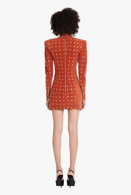 Balmain x Netflix -Short terracotta and golden suede dress - 3