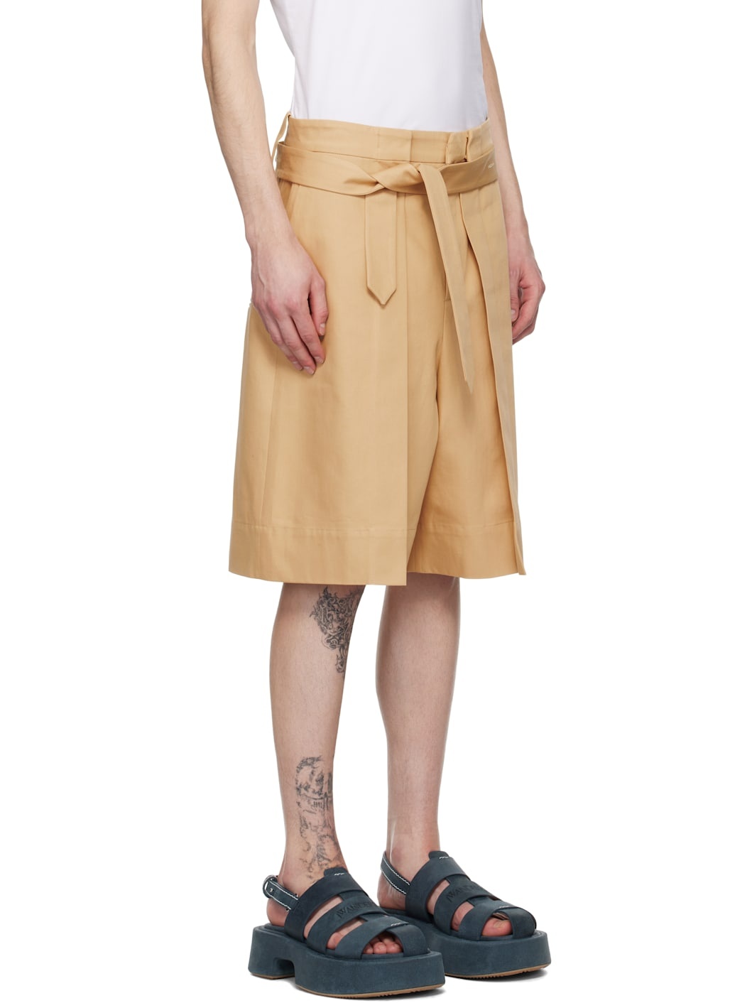 Beige Folded Front Pleat Shorts - 2