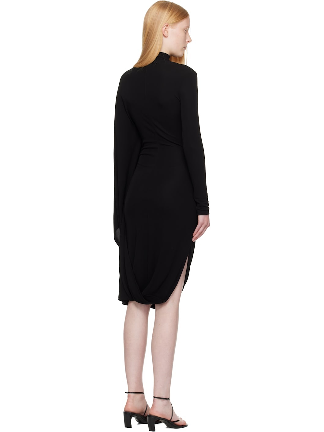 Black Asymmetric Cape Midi Dress - 3