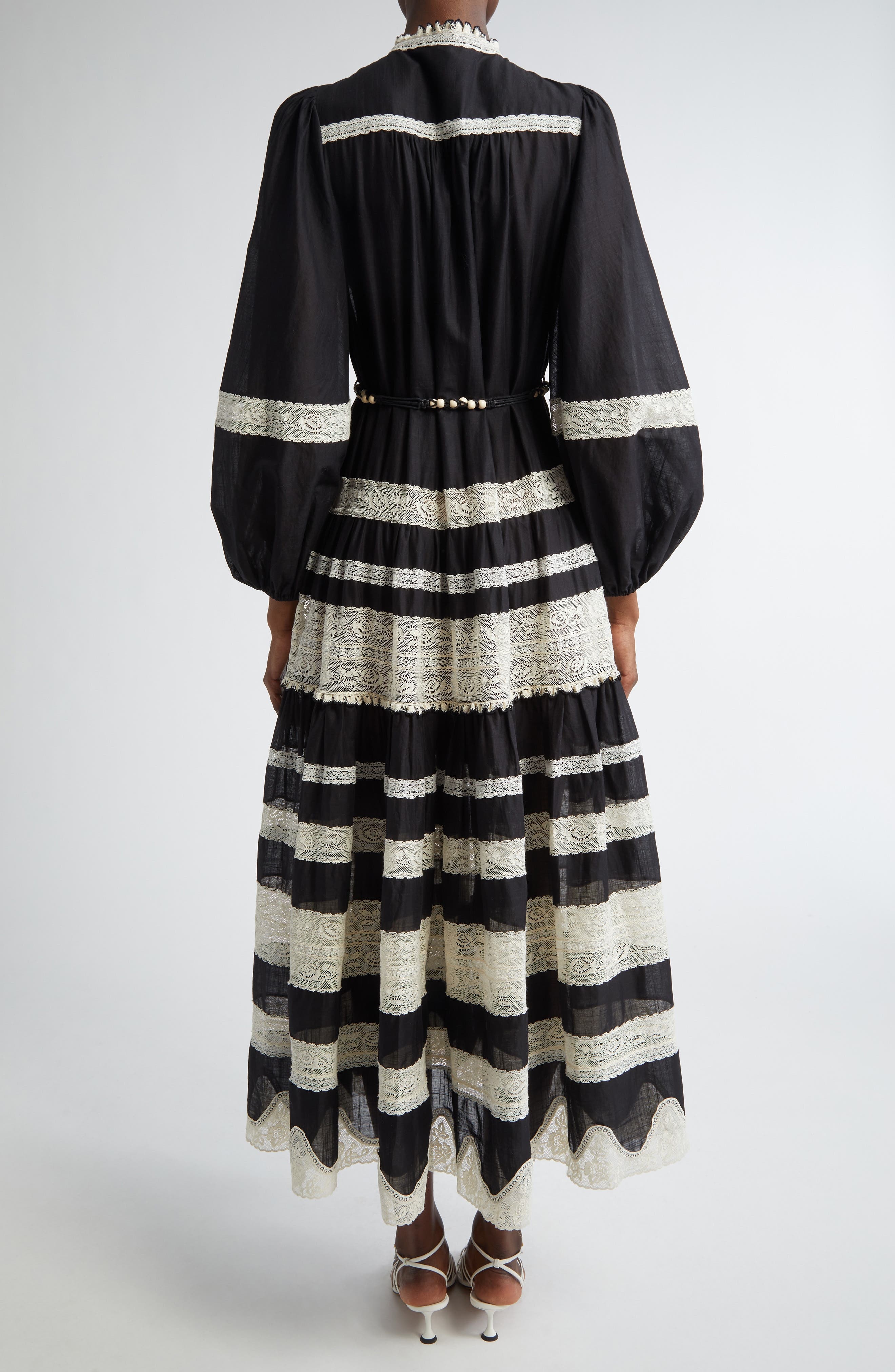Zimmermann Rhiannon Lace Stripe Long Sleeve Billow Midi Shirtdress in Black/Cream at Nordstrom - 2