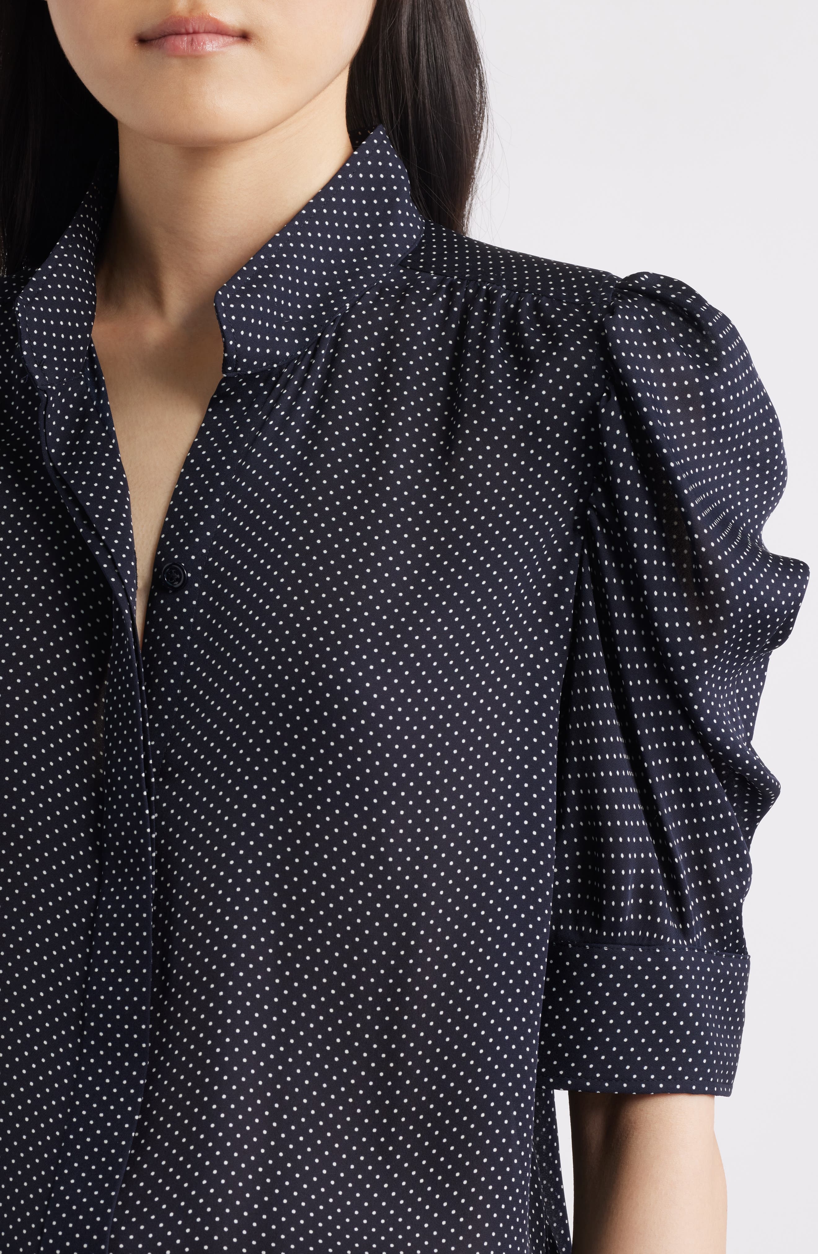 FRAME The Gillian Puff Sleeve Silk Blouse in Navy Multi at Nordstrom - 4