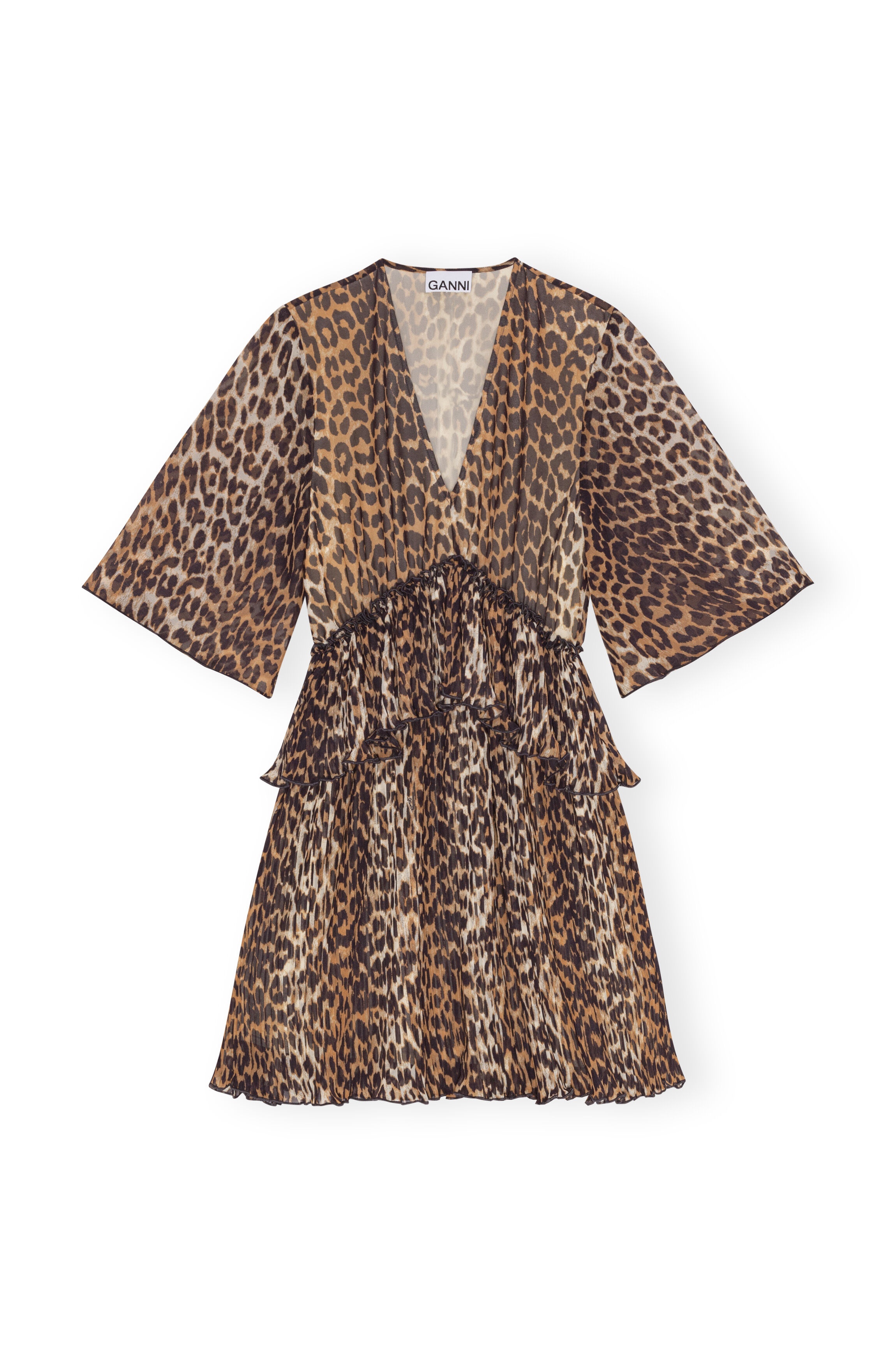 LEOPARD PLEATED GEORGETTE V-NECK FLOUNCE MINI DRESS - 1