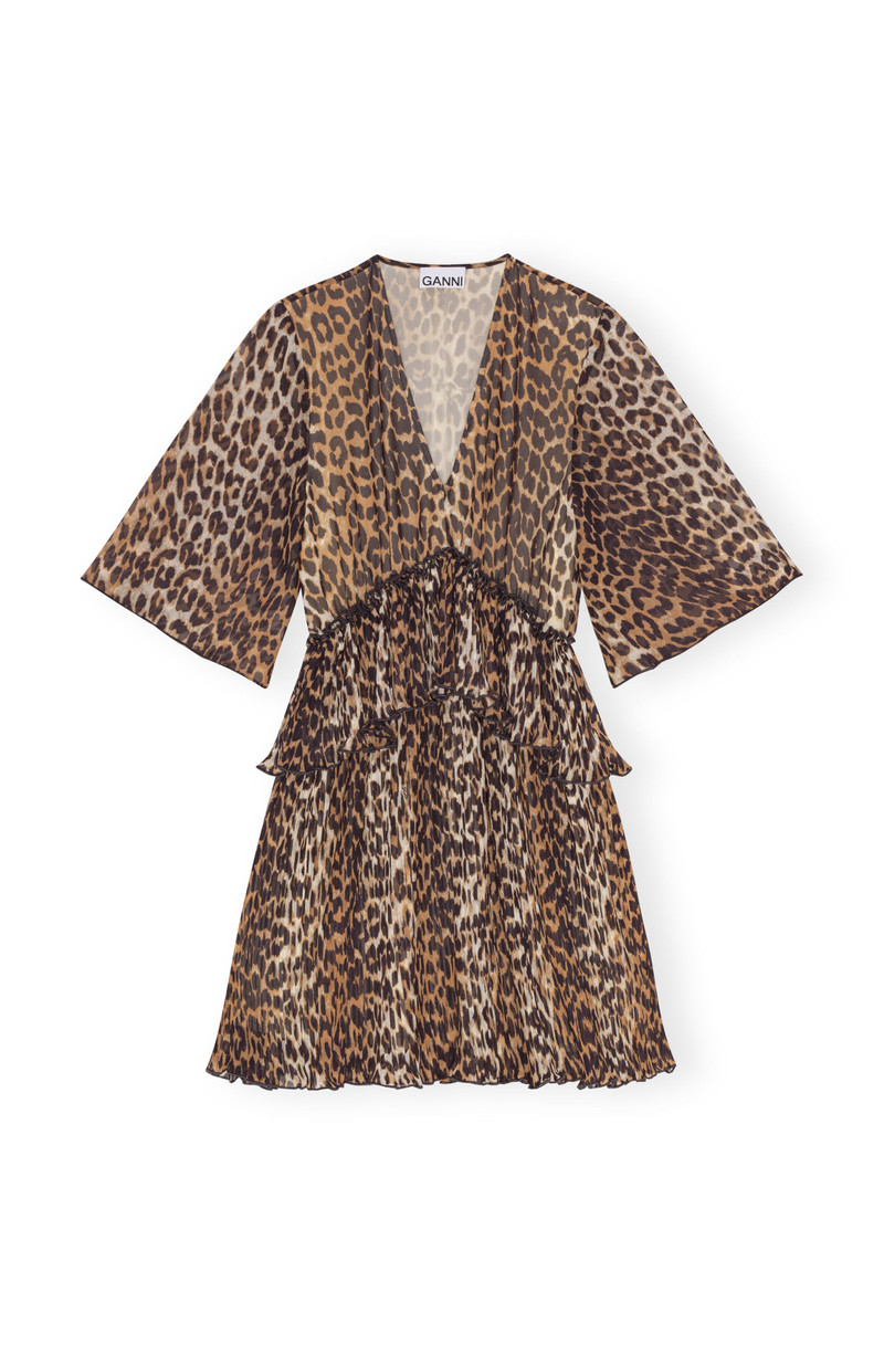 LEOPARD PLEATED GEORGETTE V-NECK FLOUNCE MINI DRESS - 1
