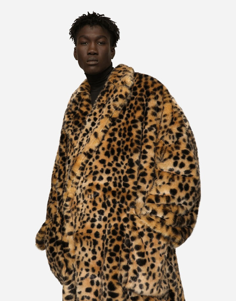 Single-breasted faux fur coat with leopard design 4
