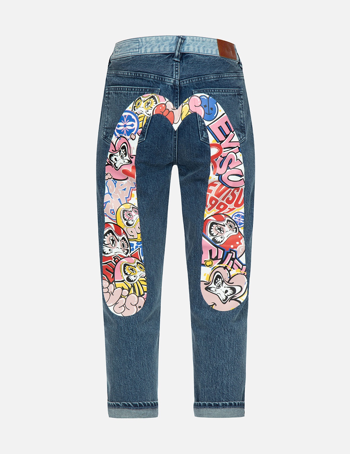 GRAFFITI DARUMA DAICOCK PRINT TWO-TONE JEANS - 1