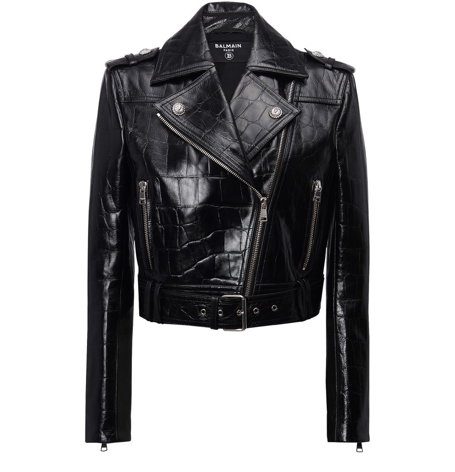 Crocodile-Effect Leather Biker Jacket - 1