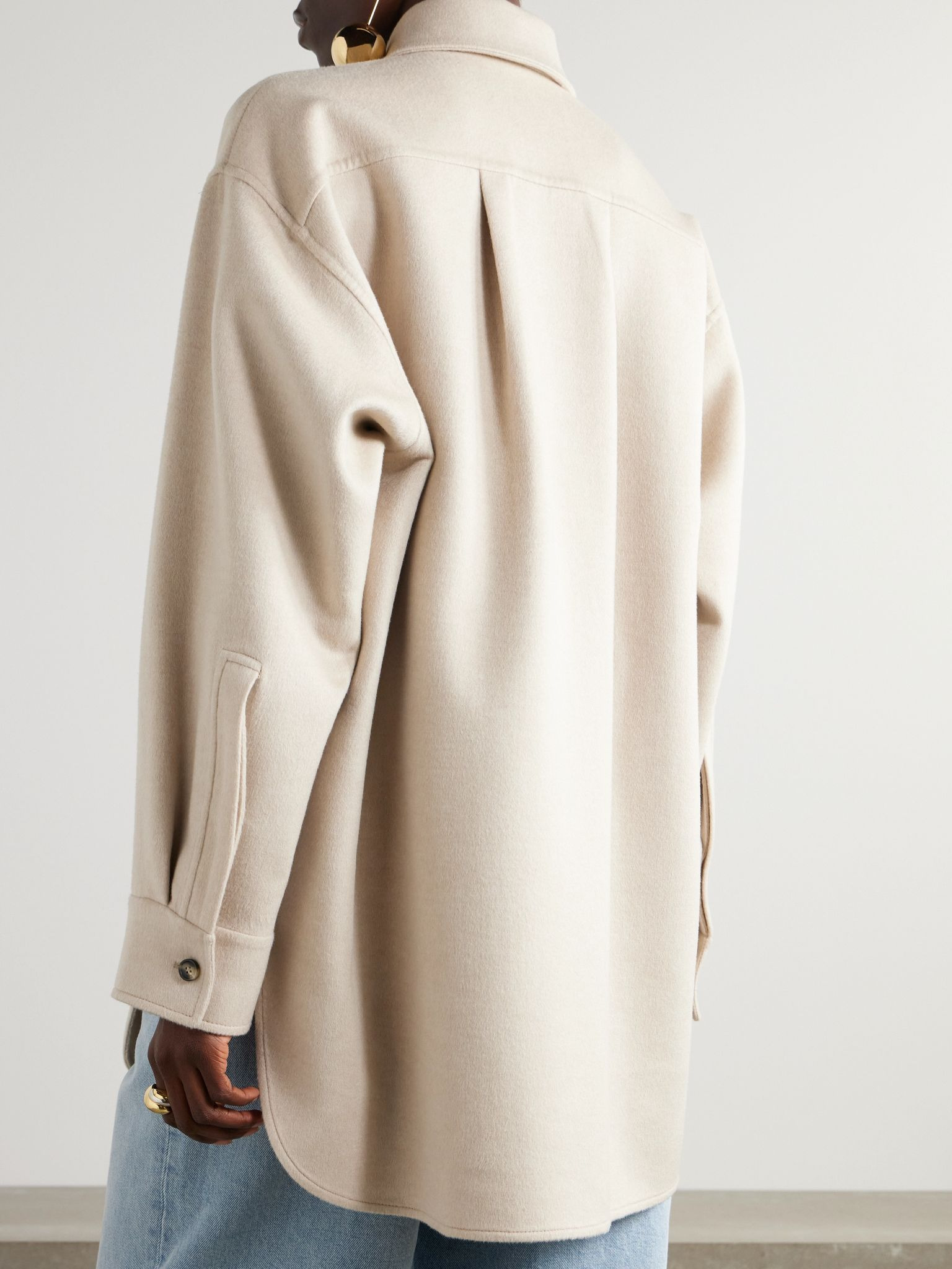 Leather-trimmed wool and cashmere-blend jacket Cream - 4