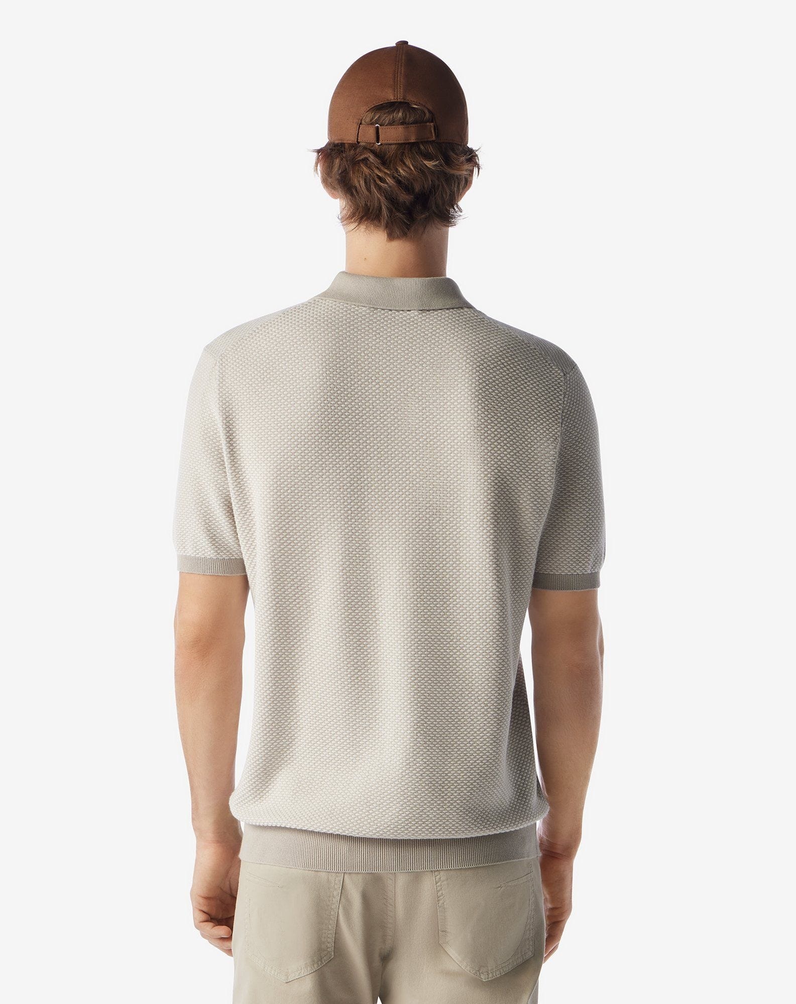Beige blue button-up Egyptian cotton polo shirt - 3