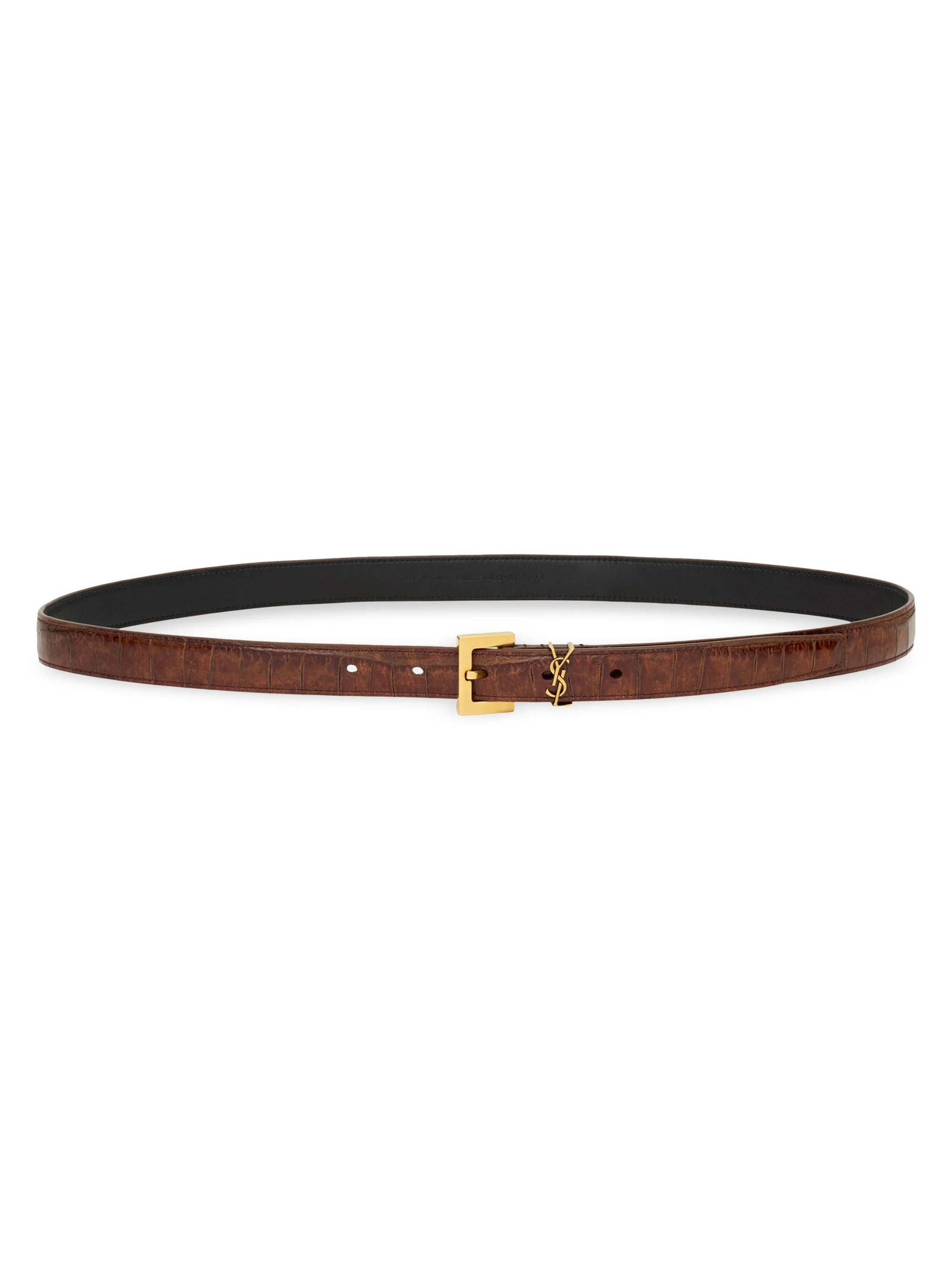 Women's Cassandre Thin Belt in Crocodile-Embossed Leather - Vegetal Brown - 1