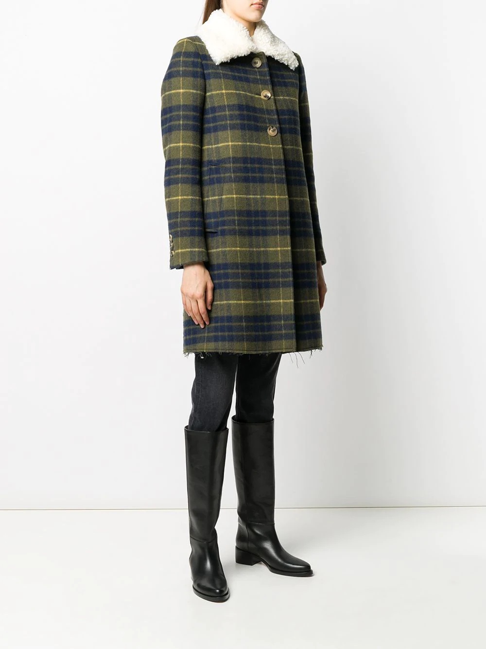 check-pint shearling-collar coat - 3