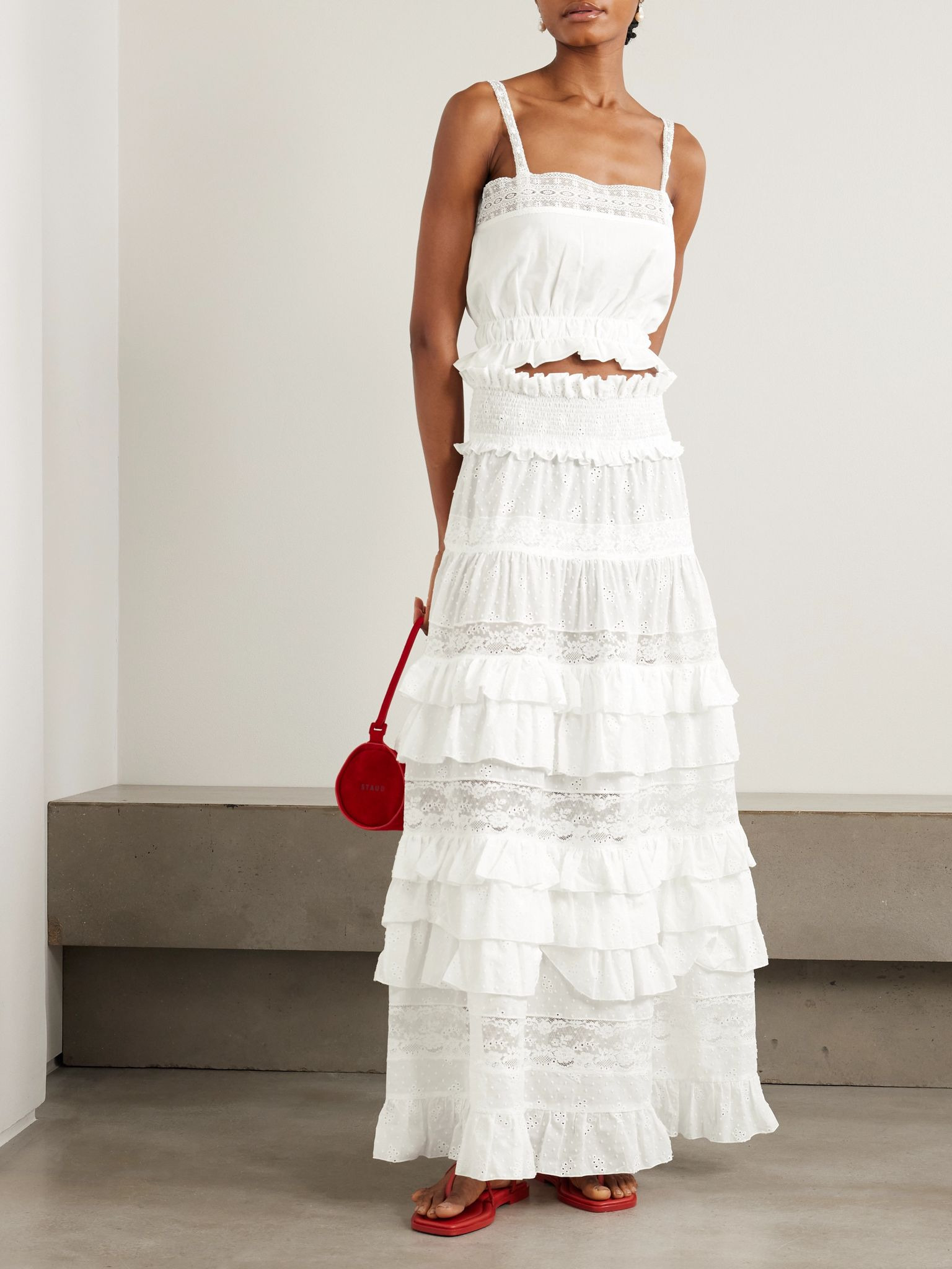 Tina tiered ruffled lace-trimmed  broderie anglaise cotton maxi skirt White - 2