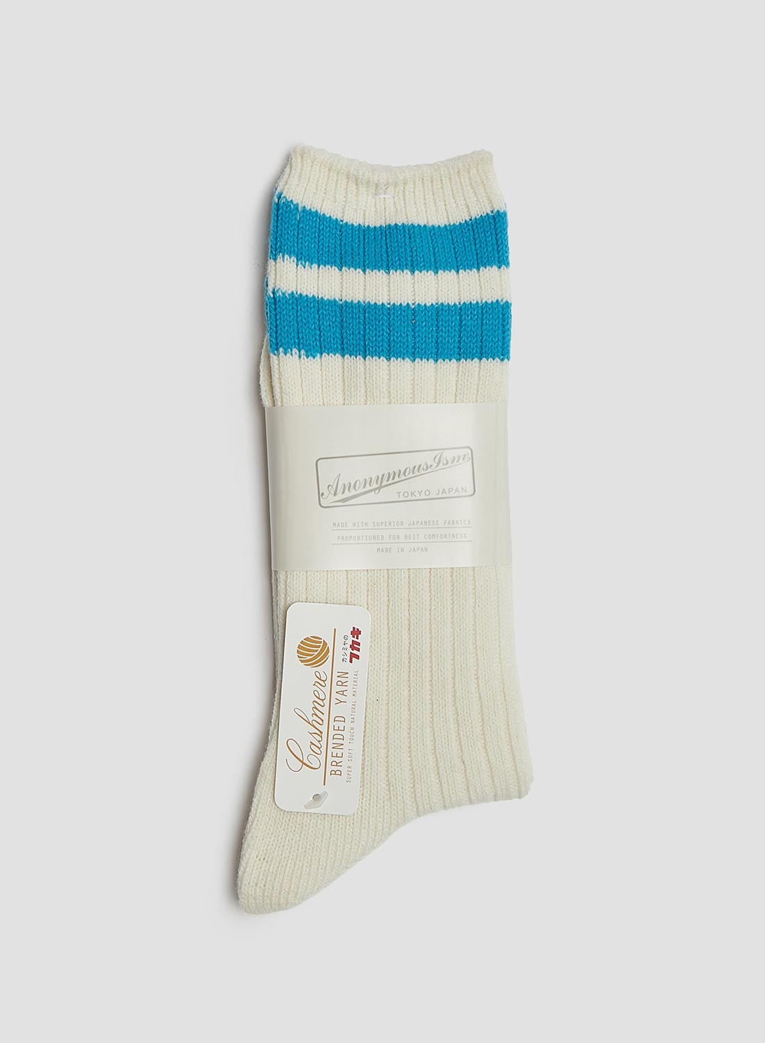Anonymous Ism Wool Cashmere Neon Stripes Crew Sock in Off White - 1