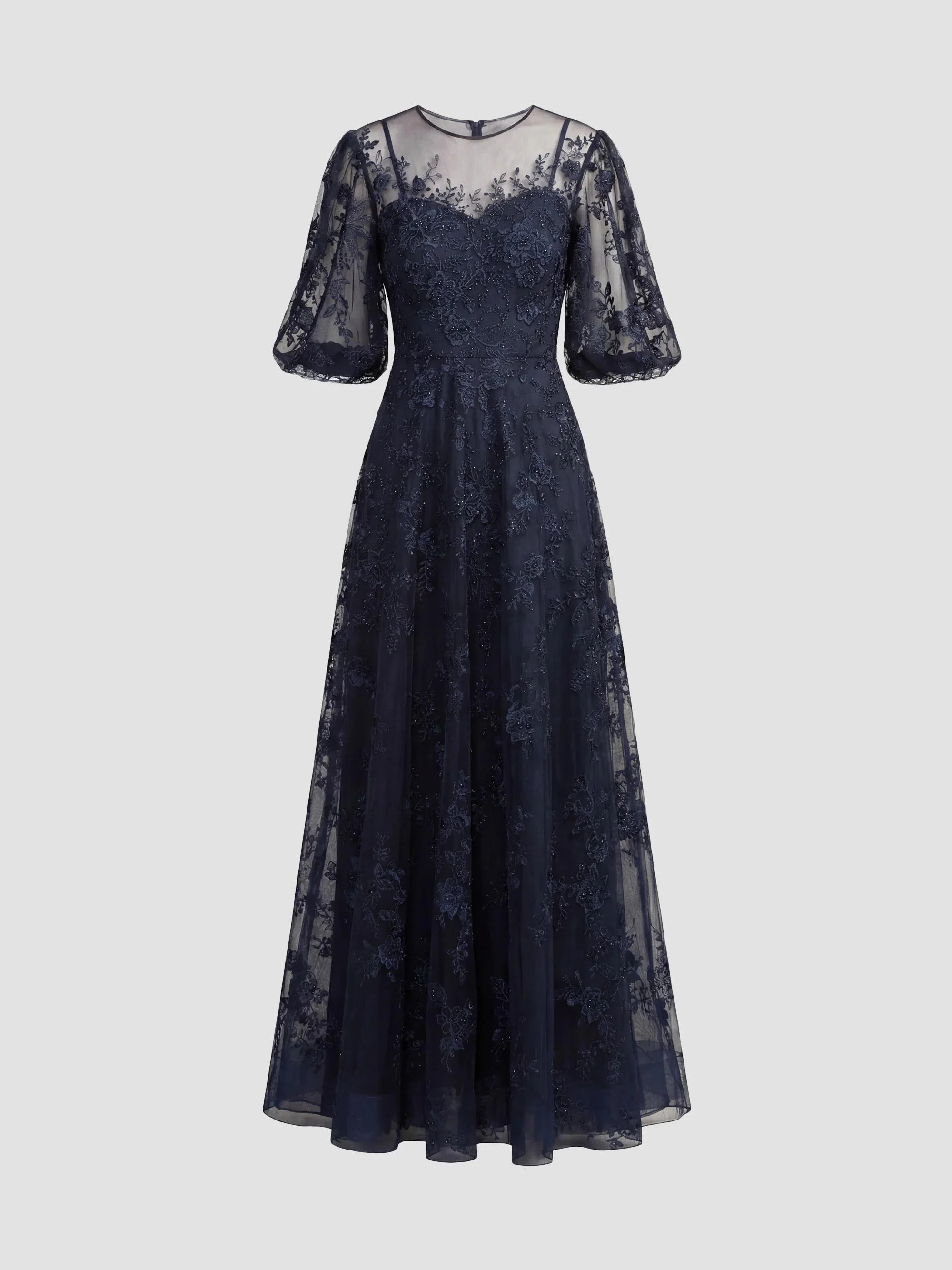 Women's Embroidered Illusion High-Neck Puff-Sleeve A-Line Gown - Midnight - 1
