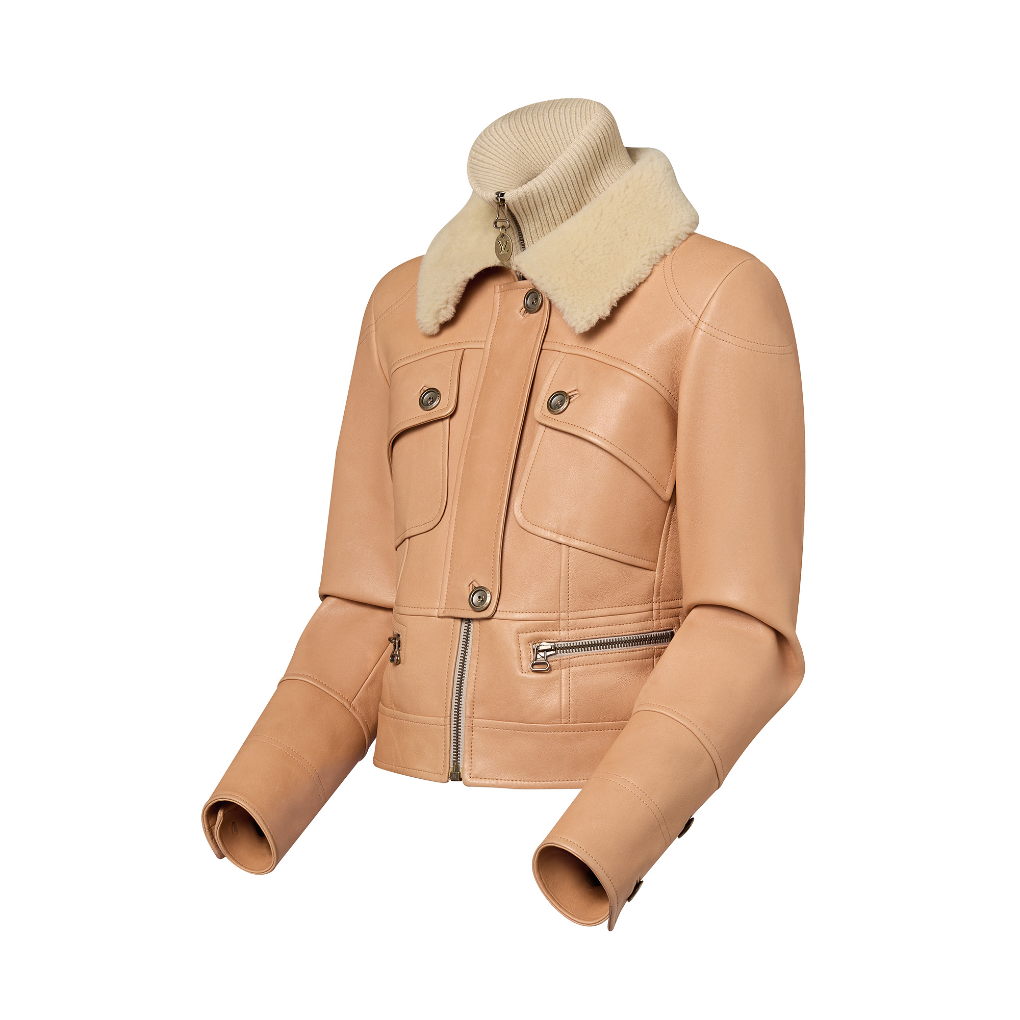 Shearling Collar Leather Jacket - 2
