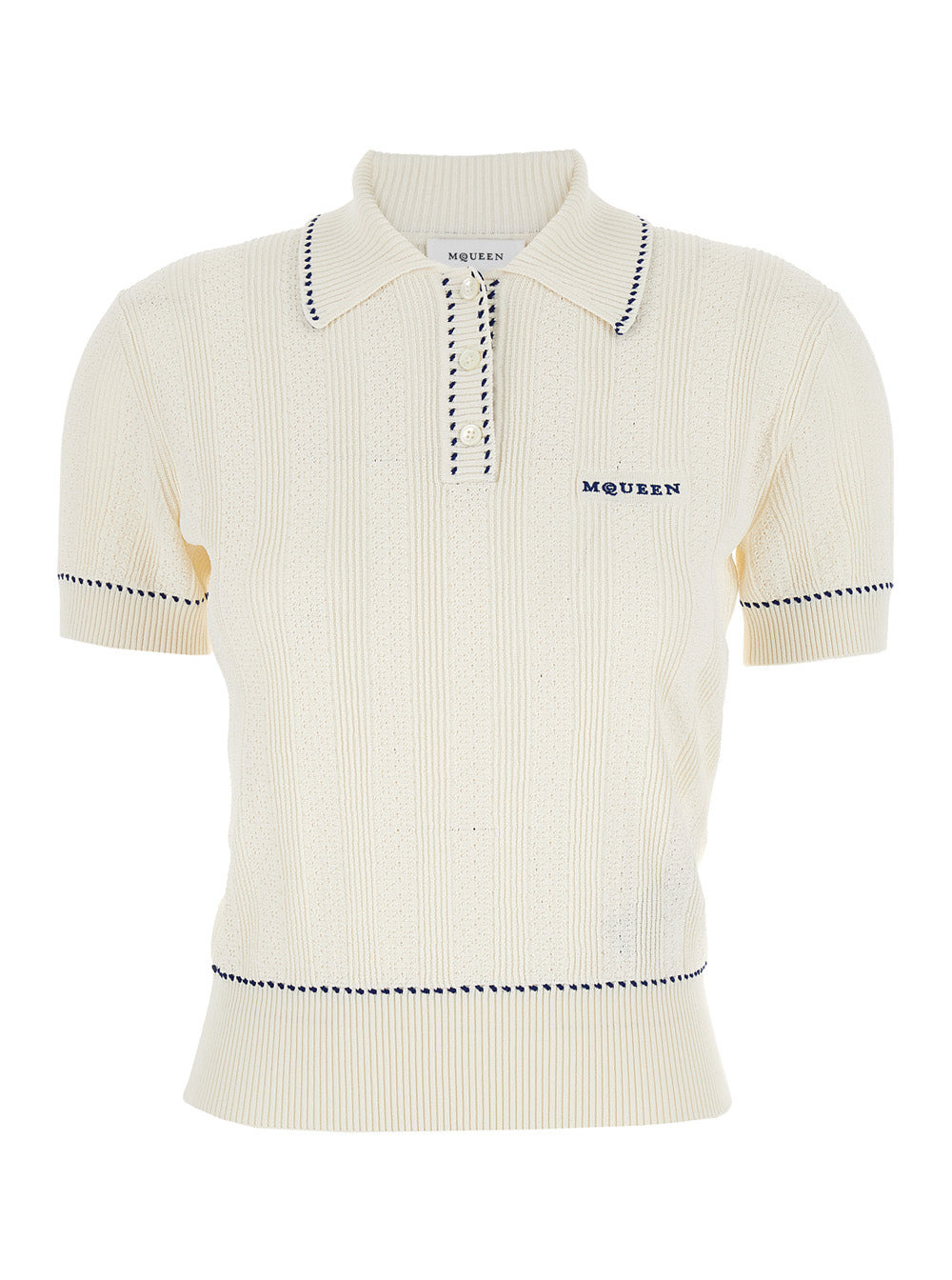 Alexander Mcqueen Women White Polo Shirt With Classic Collar And Logo Lettering Embroidery On The Fr - 1