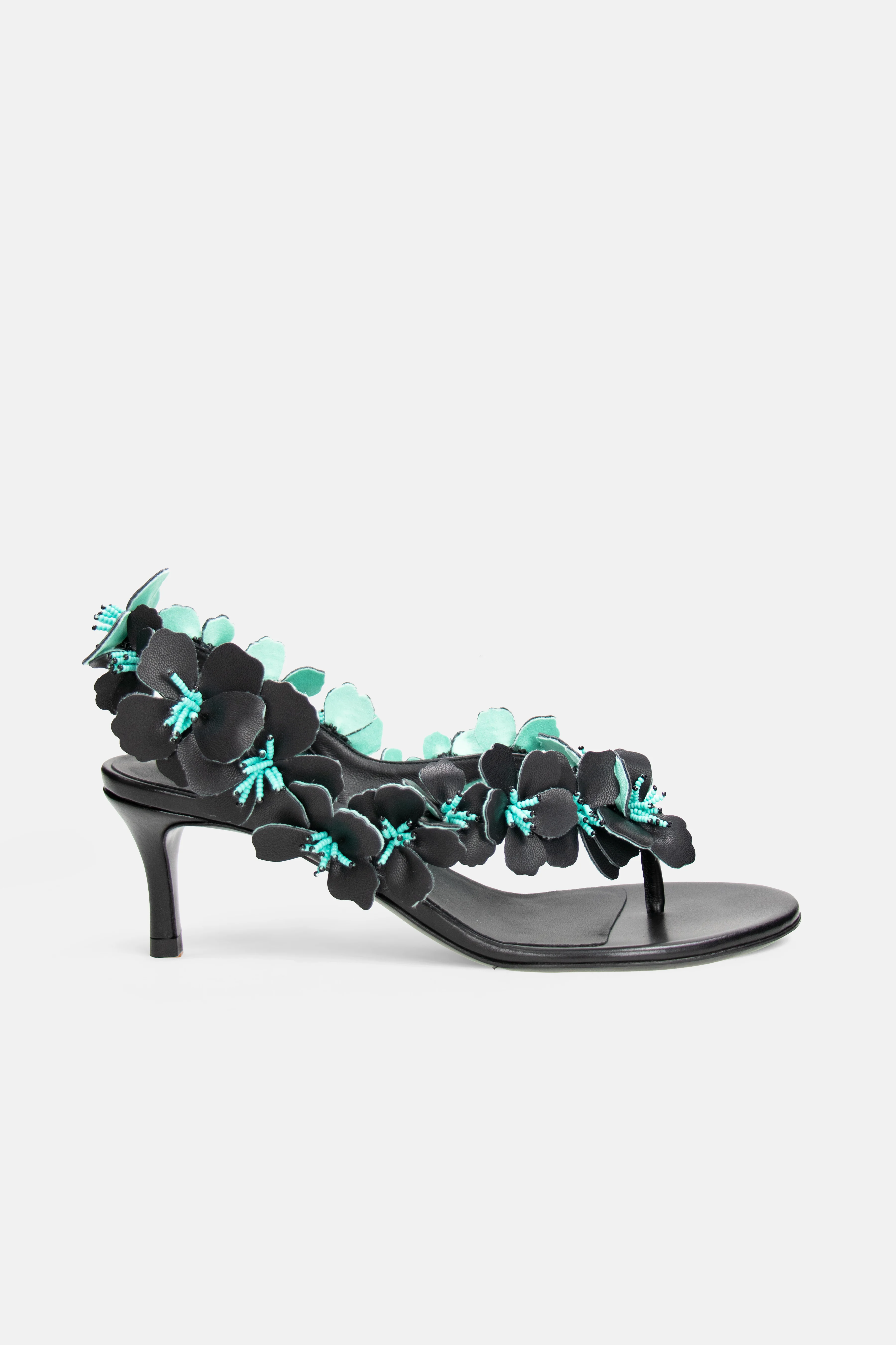 KITTEN HEEL SANDALS IN BI-COLOR BLACK AND TEAL ADORNED WITH LEATHER FLOWERS - 1