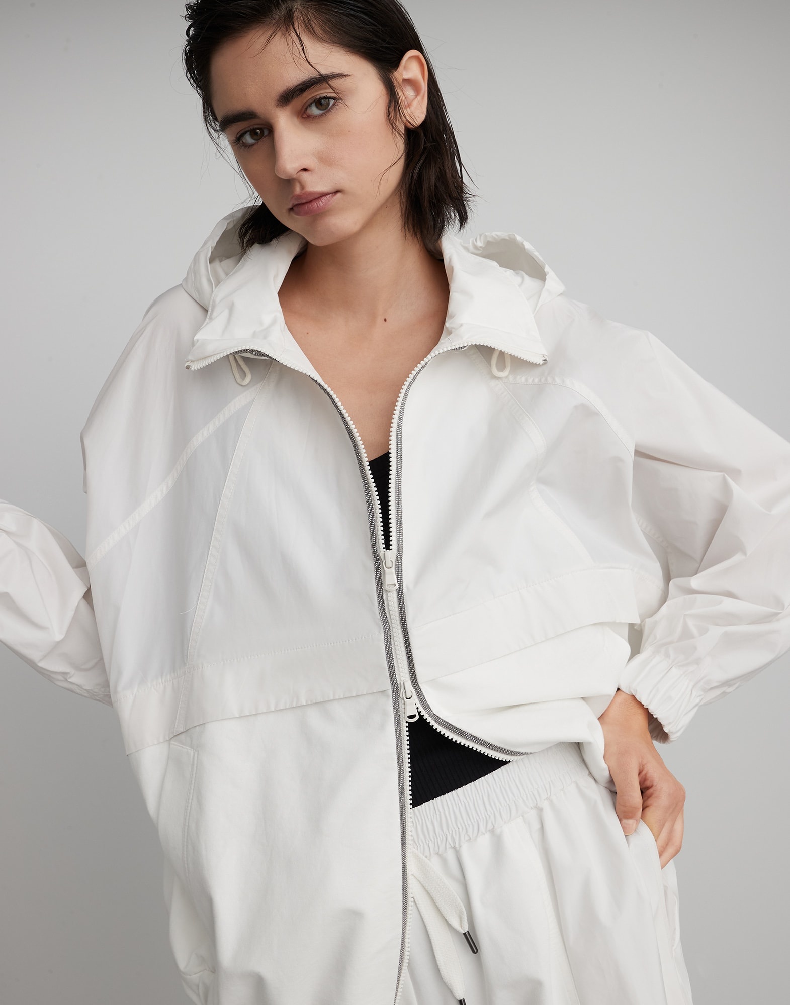 Panelled hooded outerwear jacket in taffeta and French terry with shiny trims - 4