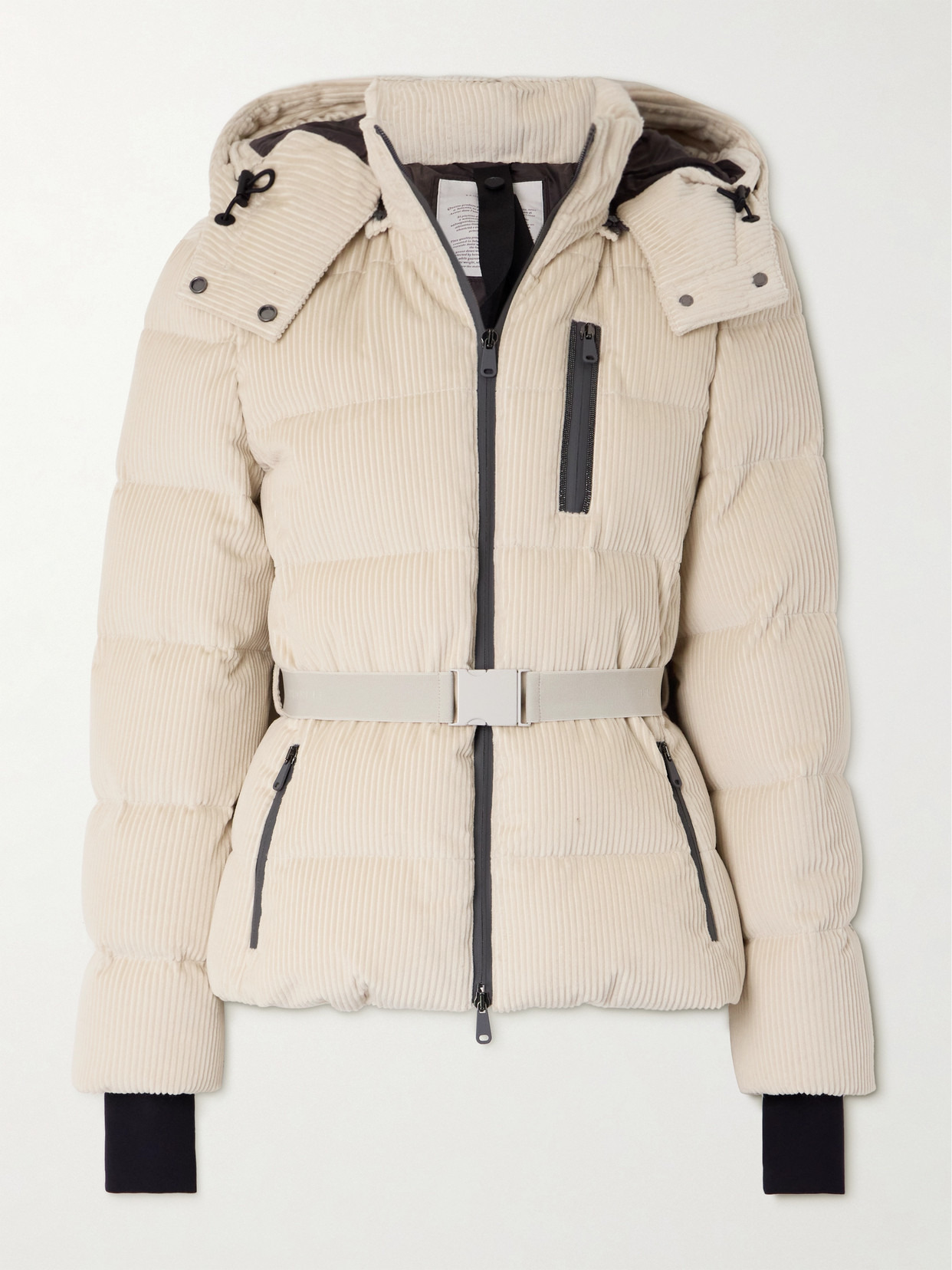 Hooded Belted Bead-embellished Ribbed Cotton-velvet Ski Jacket - 1