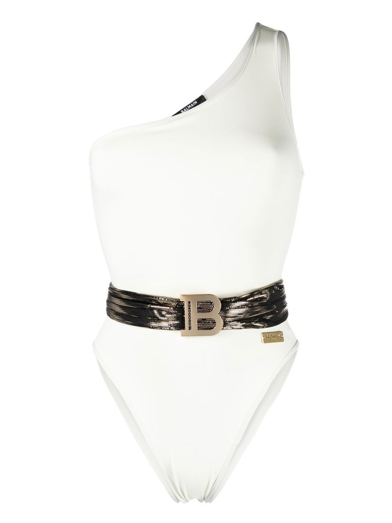 logo-plaque one-shoulder swimsuit 1