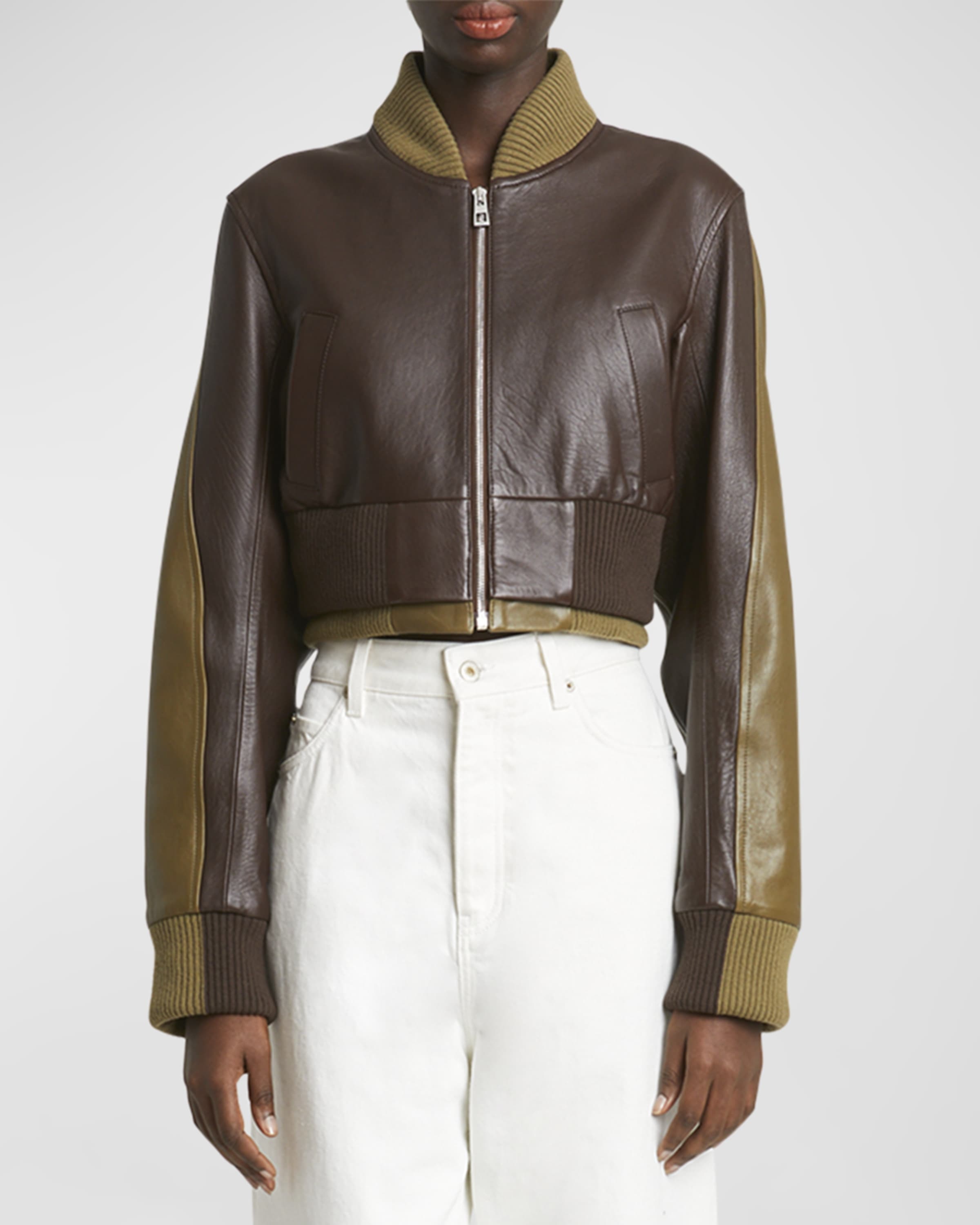 Two-Toned Leather Cropped Bomber Jacket - 2