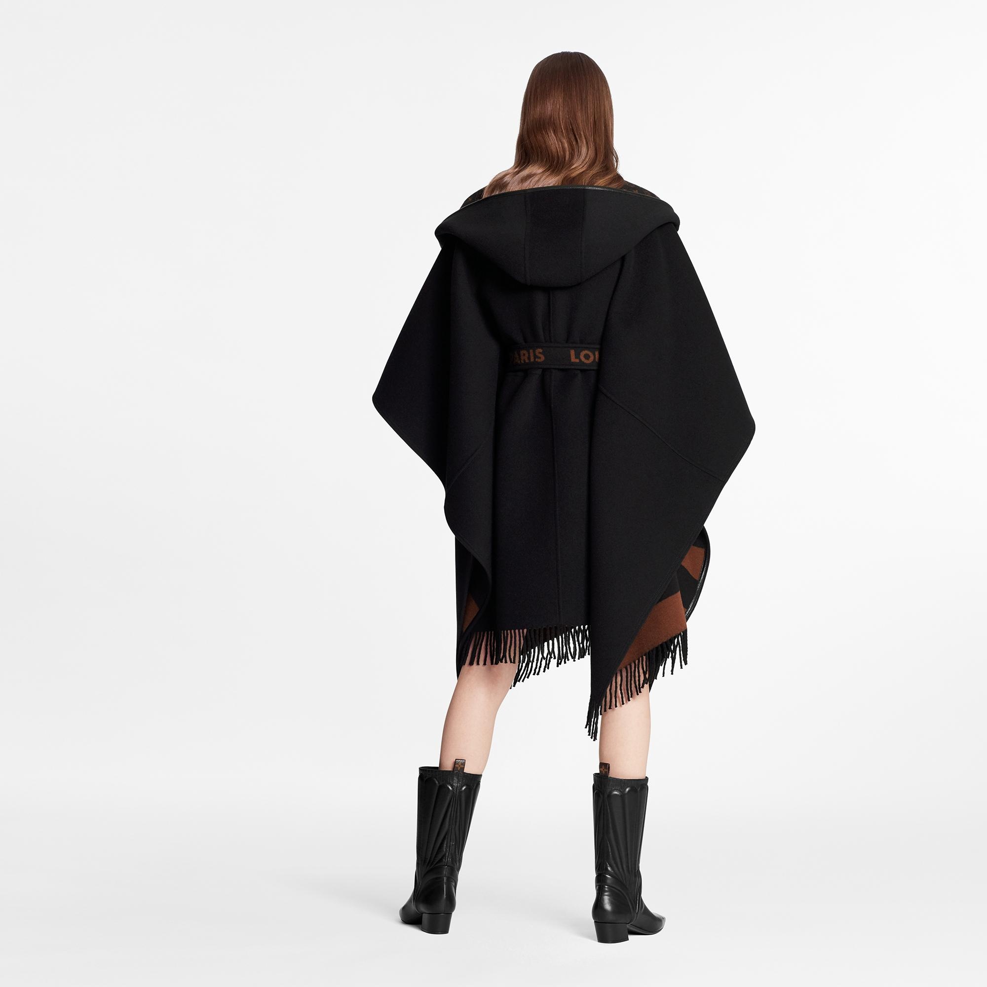Hooded Wrap Cape Coat In Wool And Silk With Fringe - 4