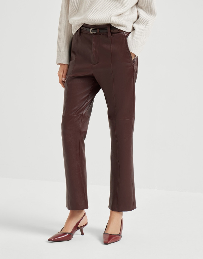 Stretch nappa leather square cigarette trousers with monili - 1