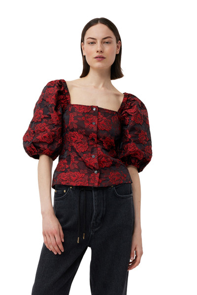 GANNI RED BOTANICAL JACQUARD FITTED BLOUSE outlook